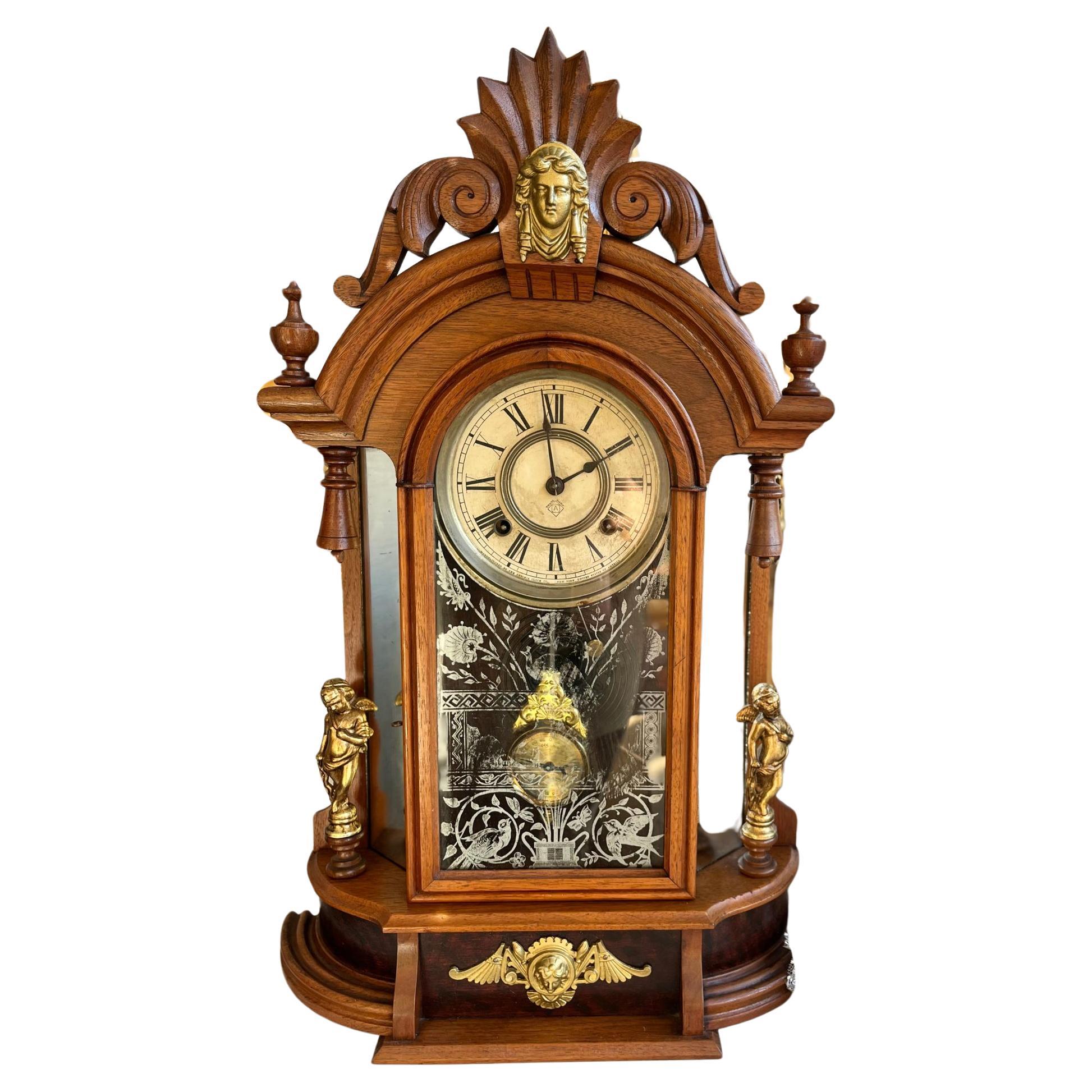 Victorian Ansonia Company Antique 1800s Walnut Brass Mantel  Pendulum Clock