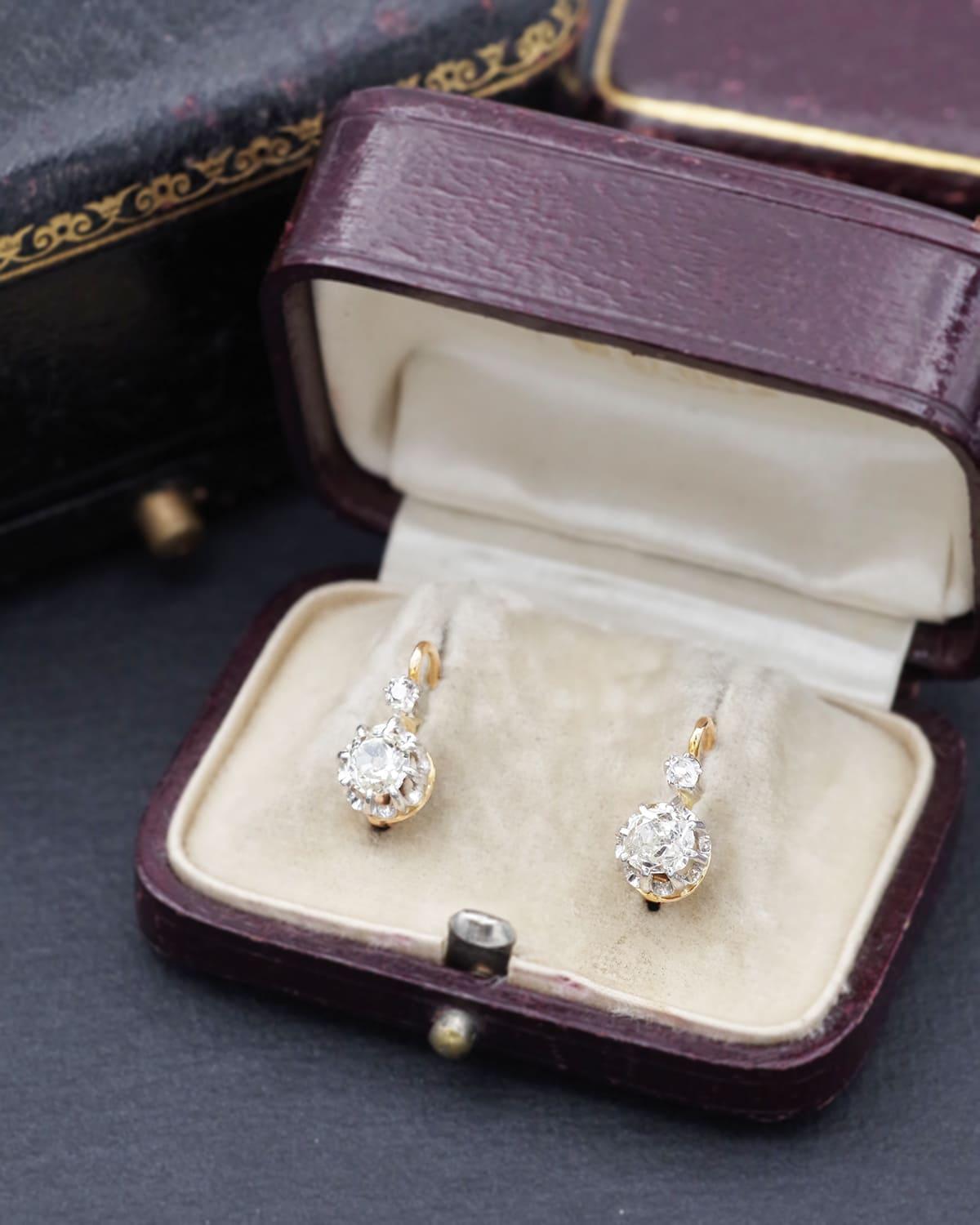 da uomo o donna Orecchini antichi vittoriani con diamanti da 0,90 carati, orecchini sleepers in vendita