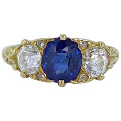 Victorian Antique 1.28 Carat Sapphire, 0.85 Carat Diamond Ring, Yellow Gold