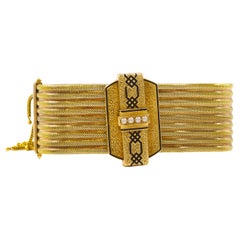 Victorian Antique 14k Gold Slide Tassel Strap Bracelet with Enamel & Seed Pearls