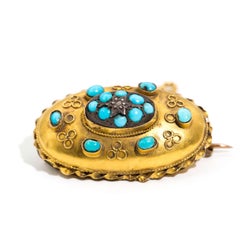 Victorian Antique 15 Carat Yellow Gold 19th Century Turquoise Mourning Brooch