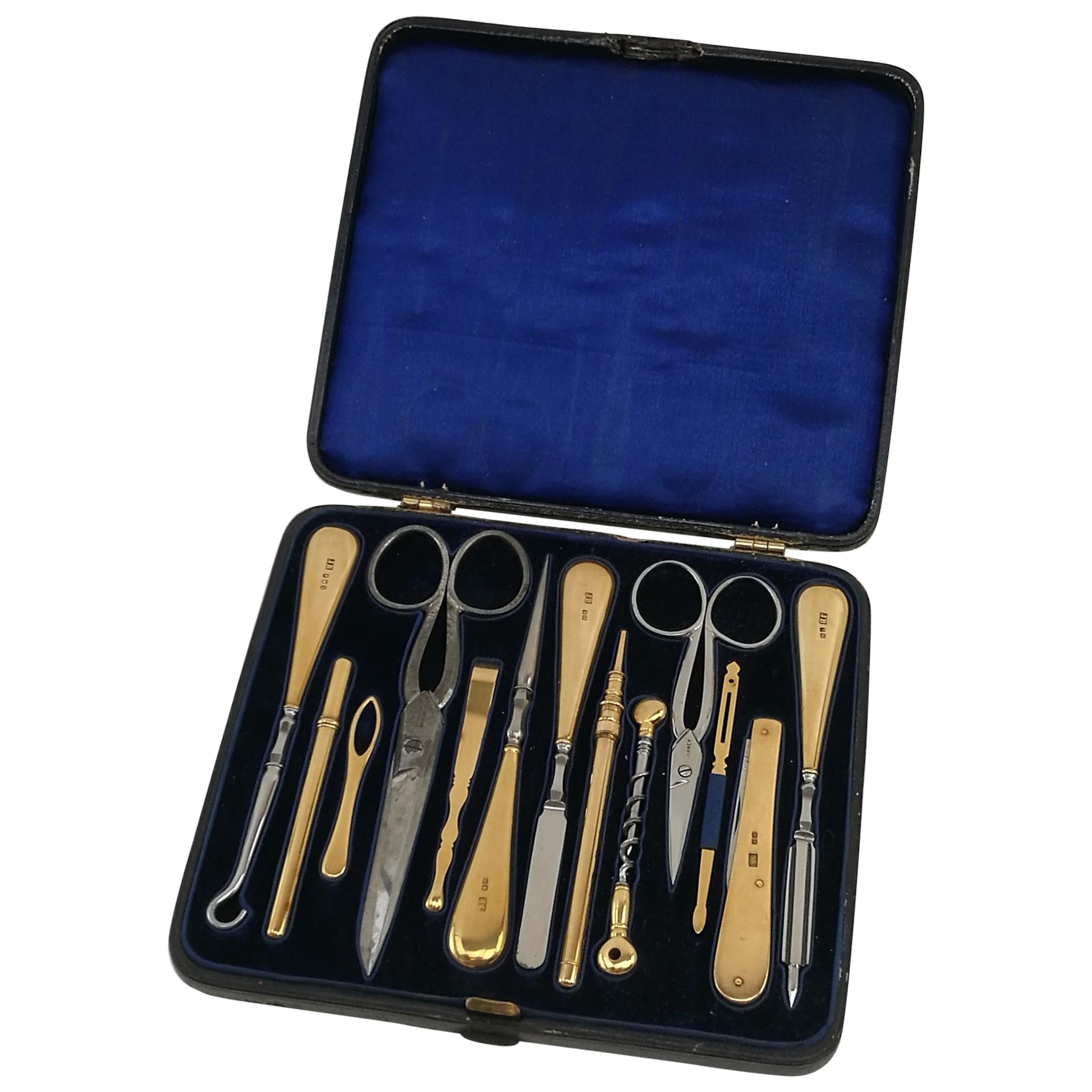 Victorian Antique 18-Carat Gold Sewing & Grooming / Vanity / Dressing Kit, 1873