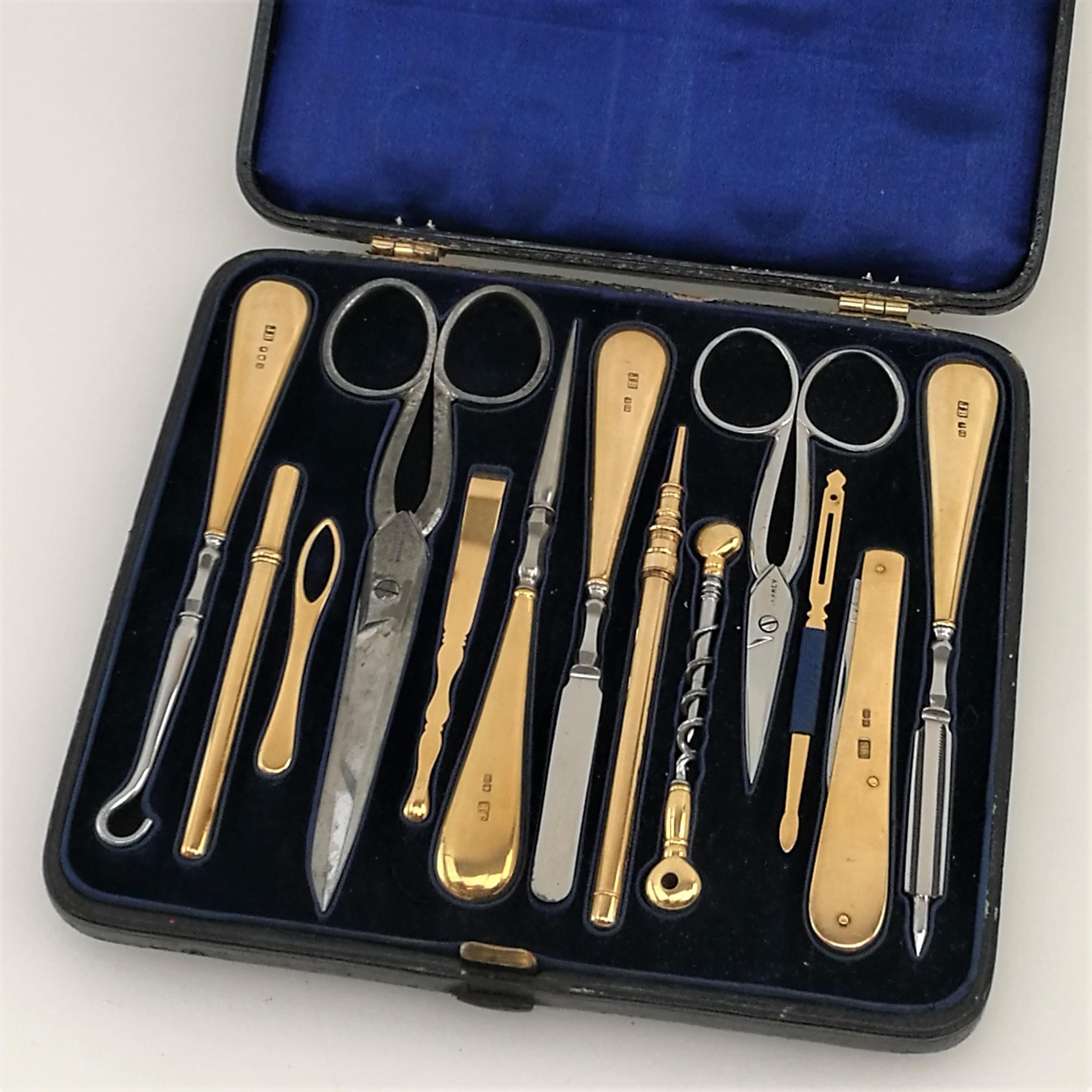 A gorgeous antique Victorian 18-carat gold sewing & grooming kit in a lovely leather covered fitted case. The case contains 13 separate items and includes two pairs of steel scissors. The rest of the items have 18-carat gold Handles and include a