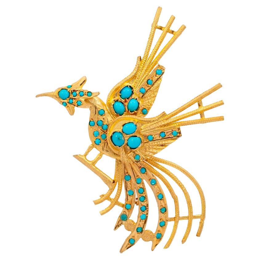 Victorian Antique 18K Yellow Gold Egyptian Golden Phoenix Turquoise Brooch For Sale