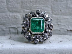 Victorian Antique 18 Karat Gold / Silver Diamond and Emerald Ring, 6.60 Carat
