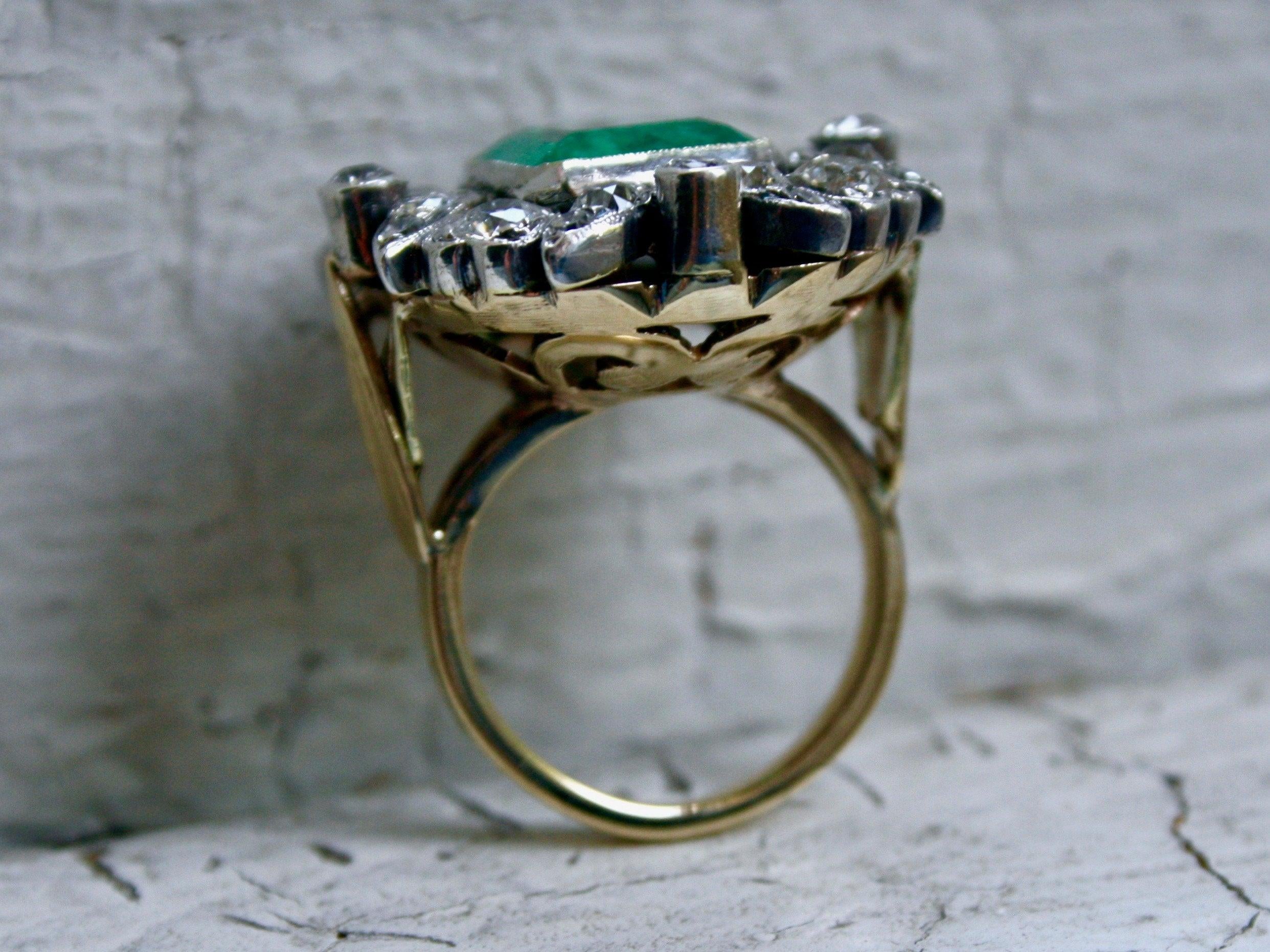 Emerald Cut Victorian Antique 18 Karat Gold / Silver Diamond and Emerald Ring, 6.60 Carat For Sale
