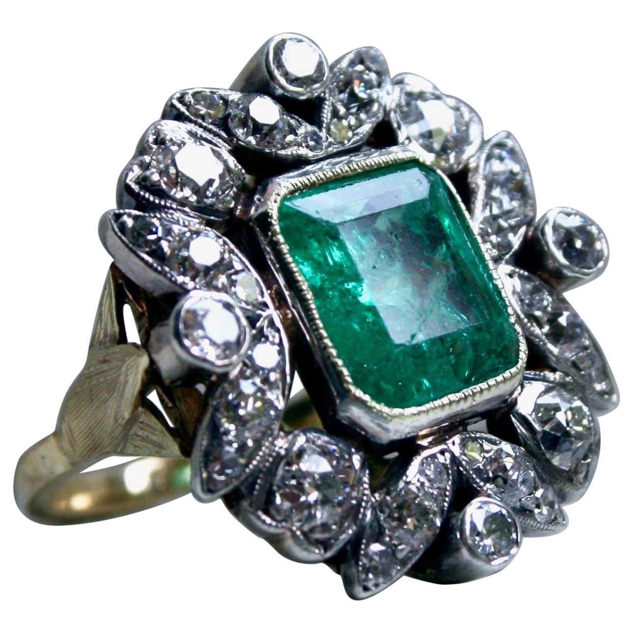 Victorian Antique 18 Karat Gold / Silver Diamond and Emerald Ring, 6.60 Carat