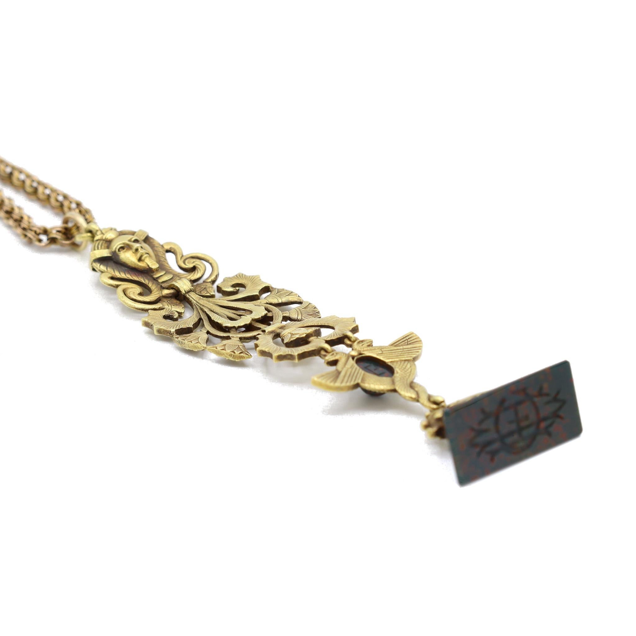 Victorian Antique 19K Yellow Gold Egyptian Pendant Chain Necklace For Sale 3
