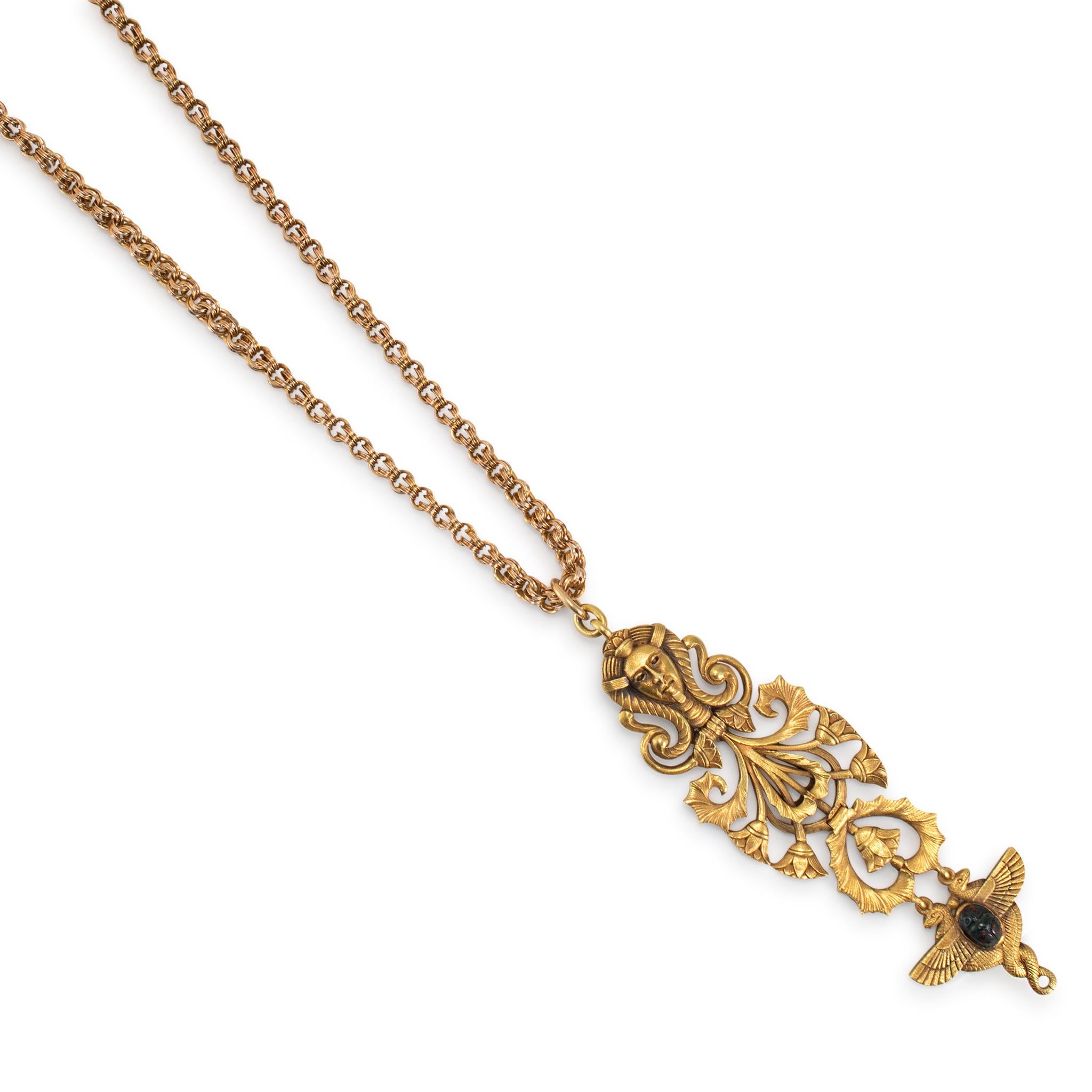Victorian Antique 19K Yellow Gold Egyptian Pendant Chain Necklace In Excellent Condition For Sale In Houston, TX