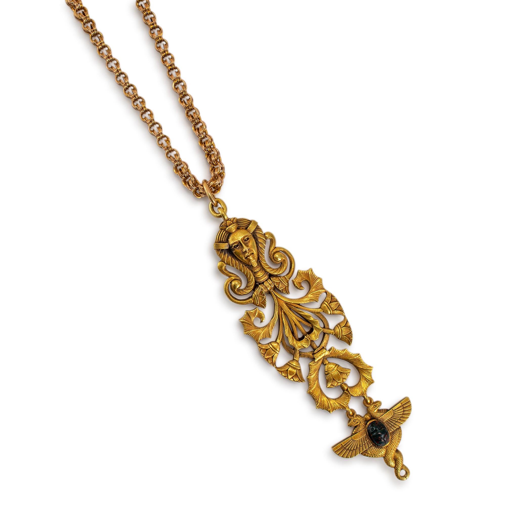 Women's Victorian Antique 19K Yellow Gold Egyptian Pendant Chain Necklace For Sale