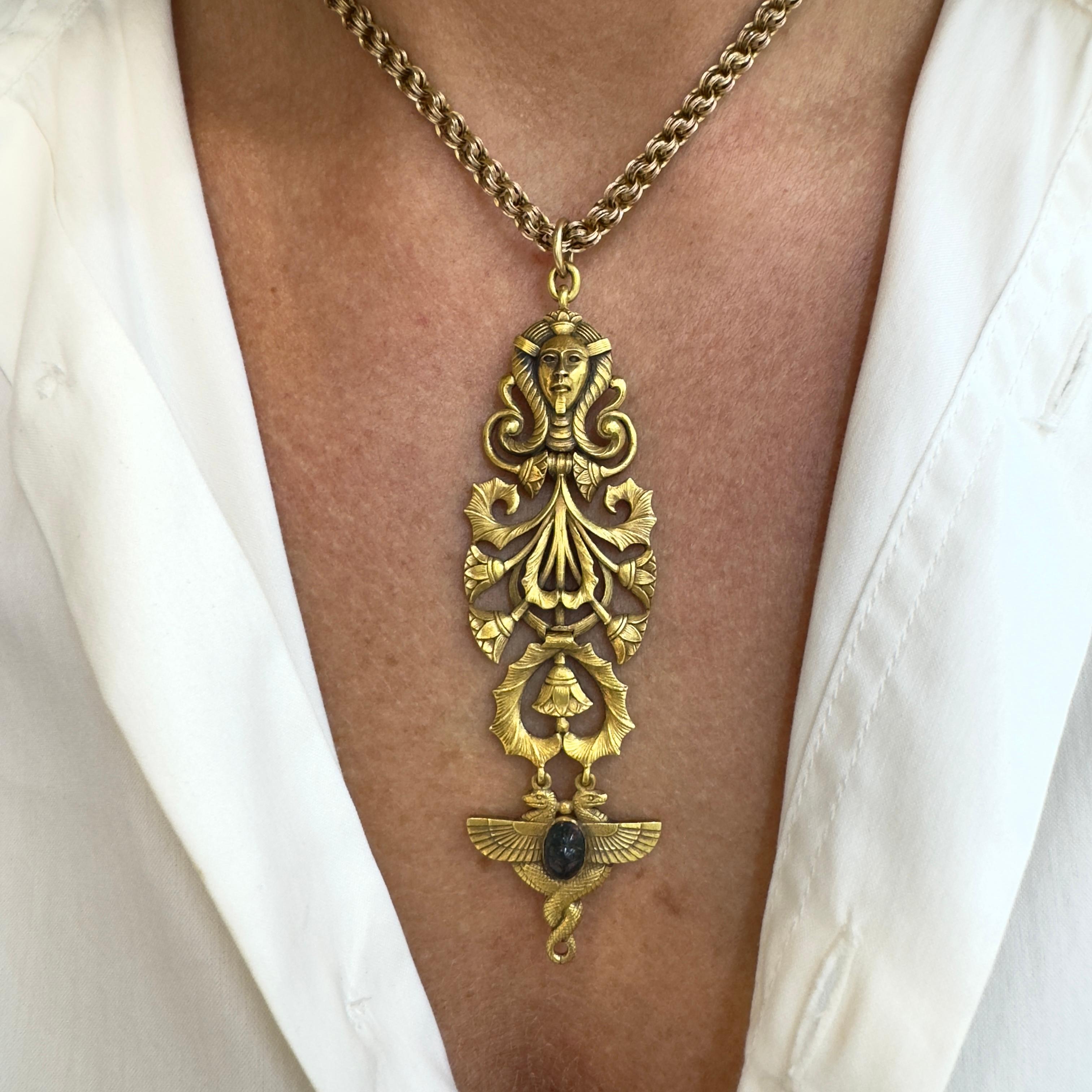 Victorian Antique 19K Yellow Gold Egyptian Pendant Chain Necklace For Sale 5