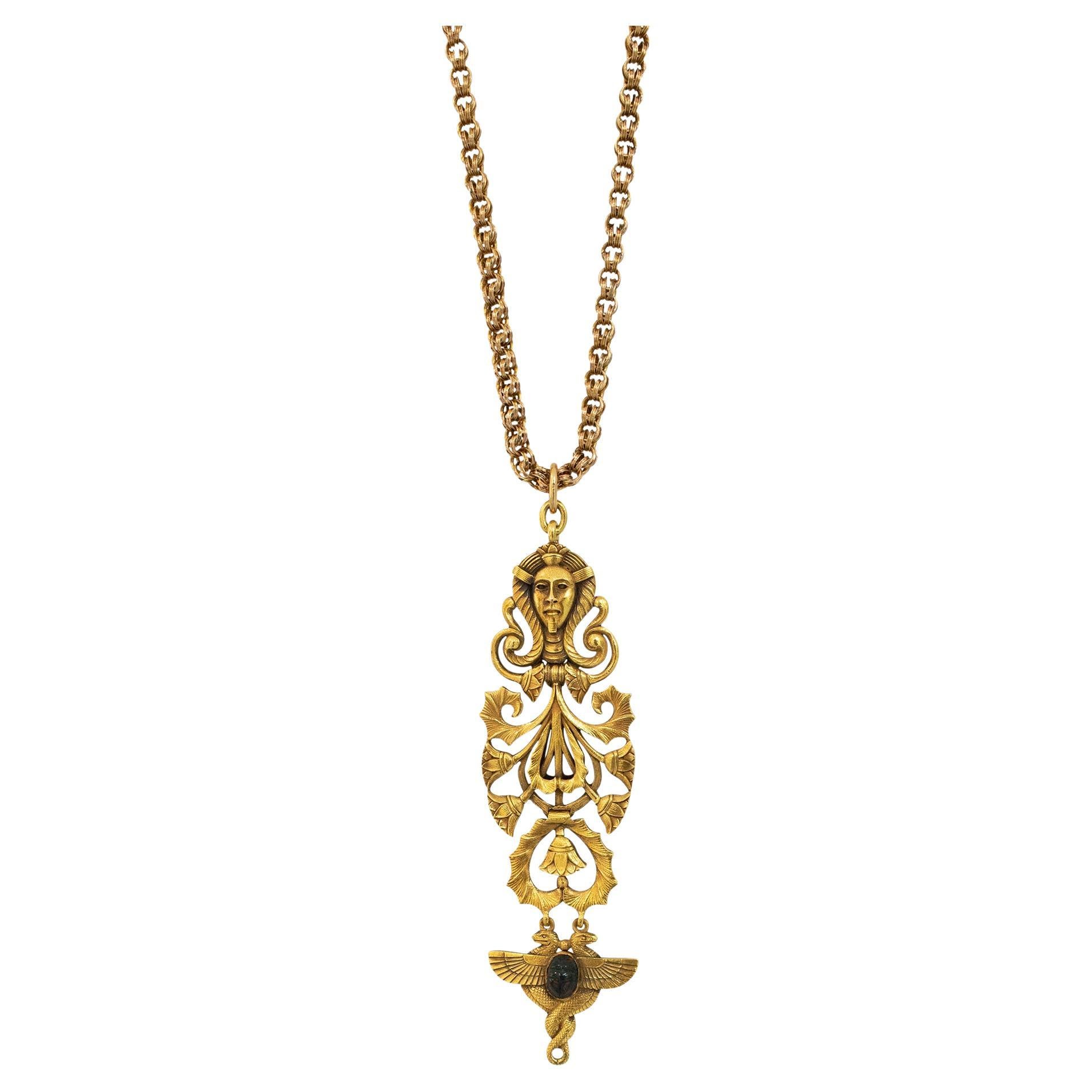 Victorian Antique 19K Yellow Gold Egyptian Pendant Chain Necklace