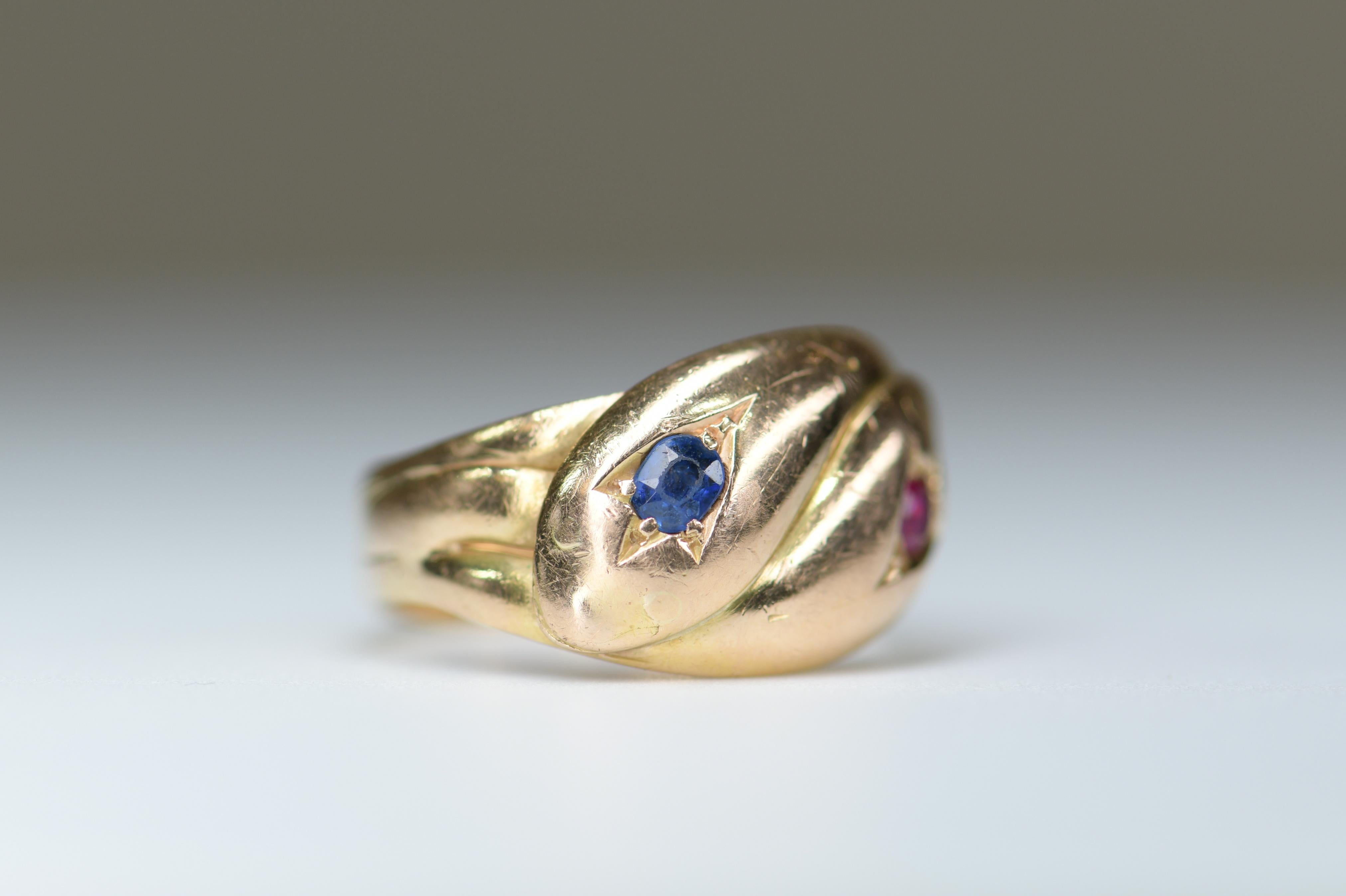 Round Cut Victorian Antique 22 Karat Sapphire Ruby Double Snake Ring For Sale