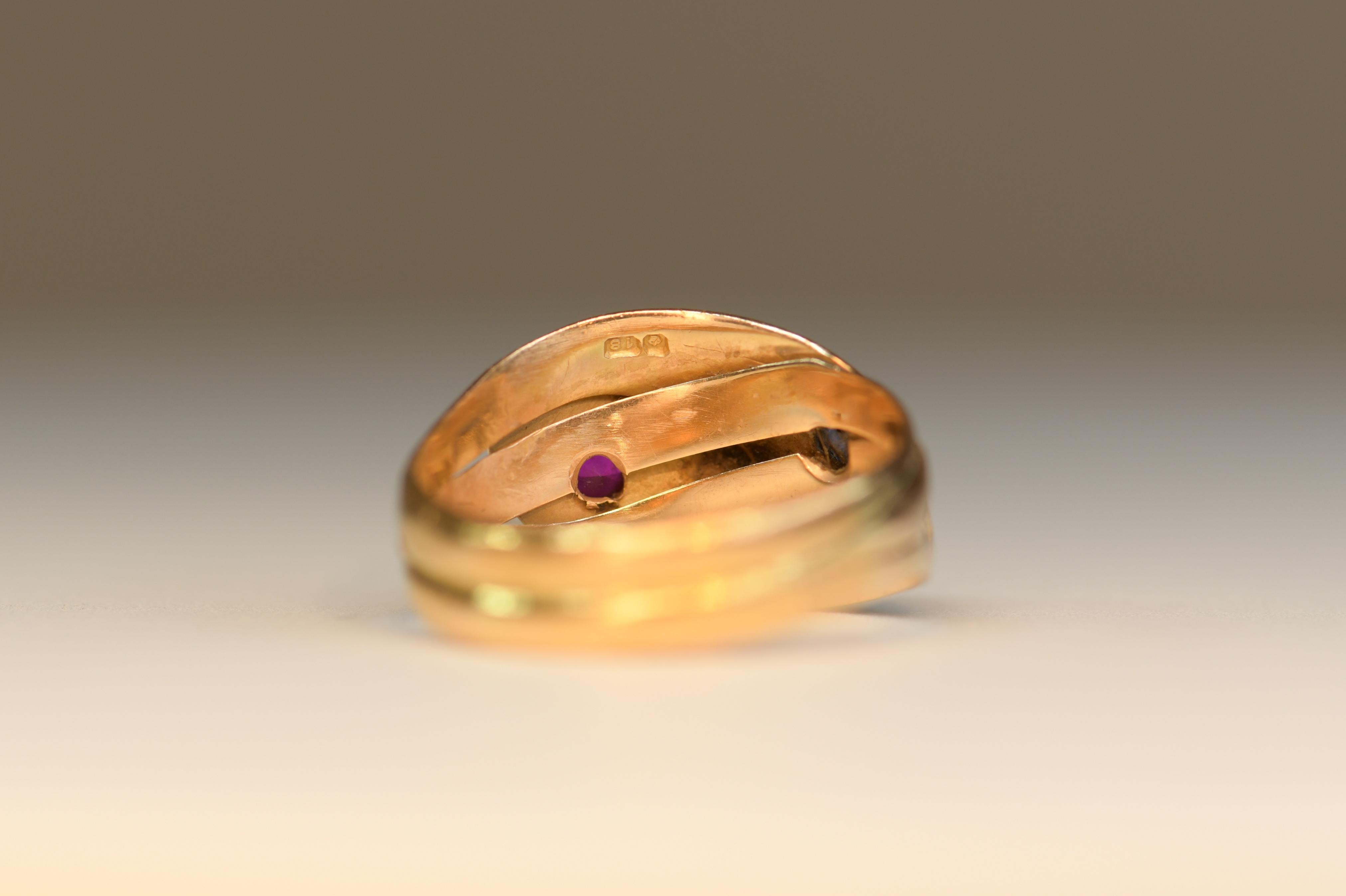 Victorian Antique 22 Karat Sapphire Ruby Double Snake Ring In Excellent Condition For Sale In Banbury, GB