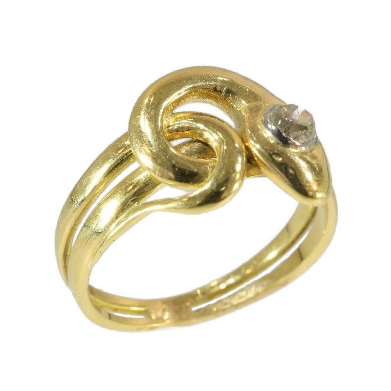 Women's or Men's Victorian Antique .25 Carat Diamond and 18 Karat Yellow Gold Coiled Snake Ring For Sale