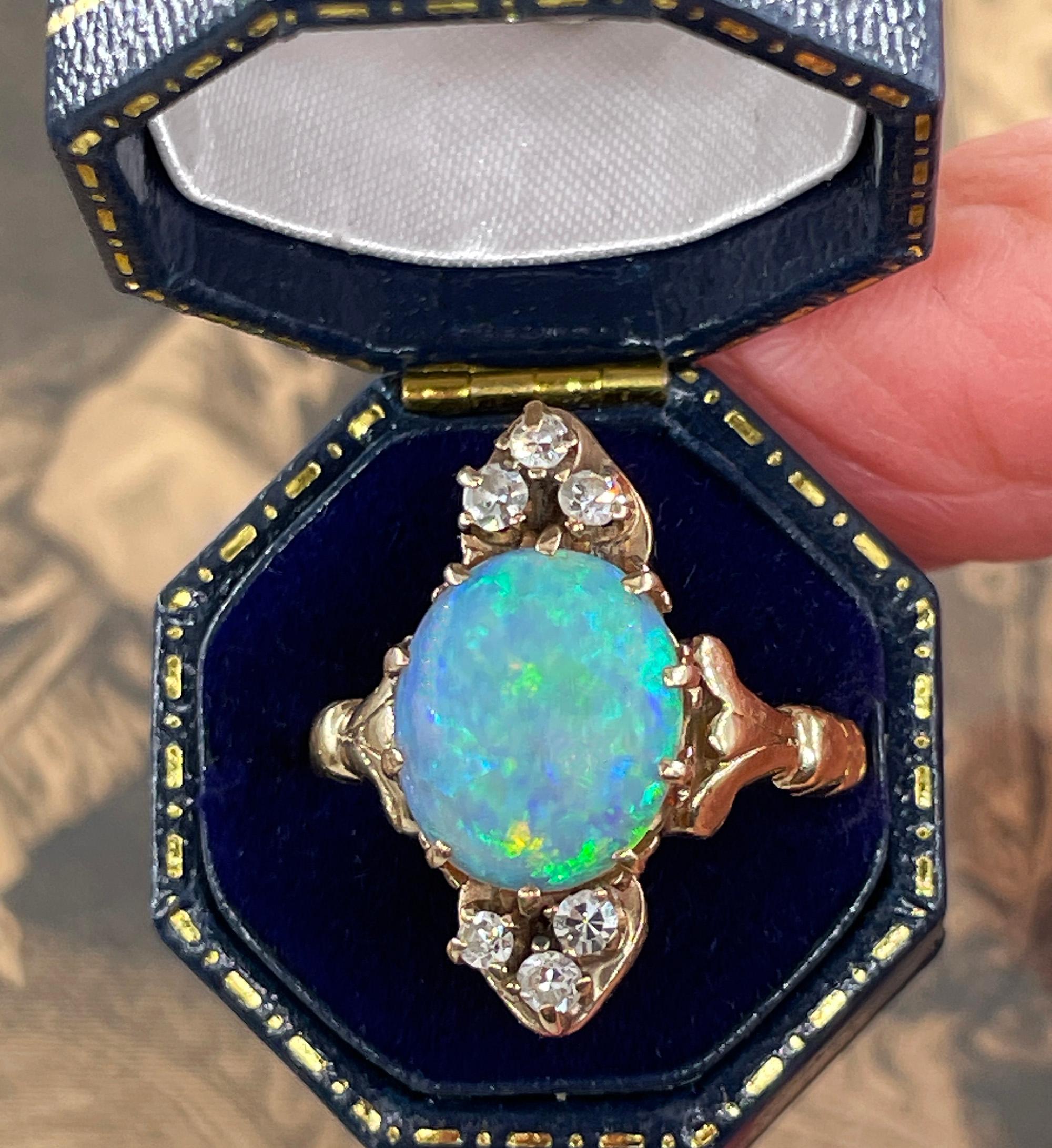 Victorian Antique 3.57ctw Opal Diamond 14K Yellow Gold Dinner Cocktail Ring For Sale 5