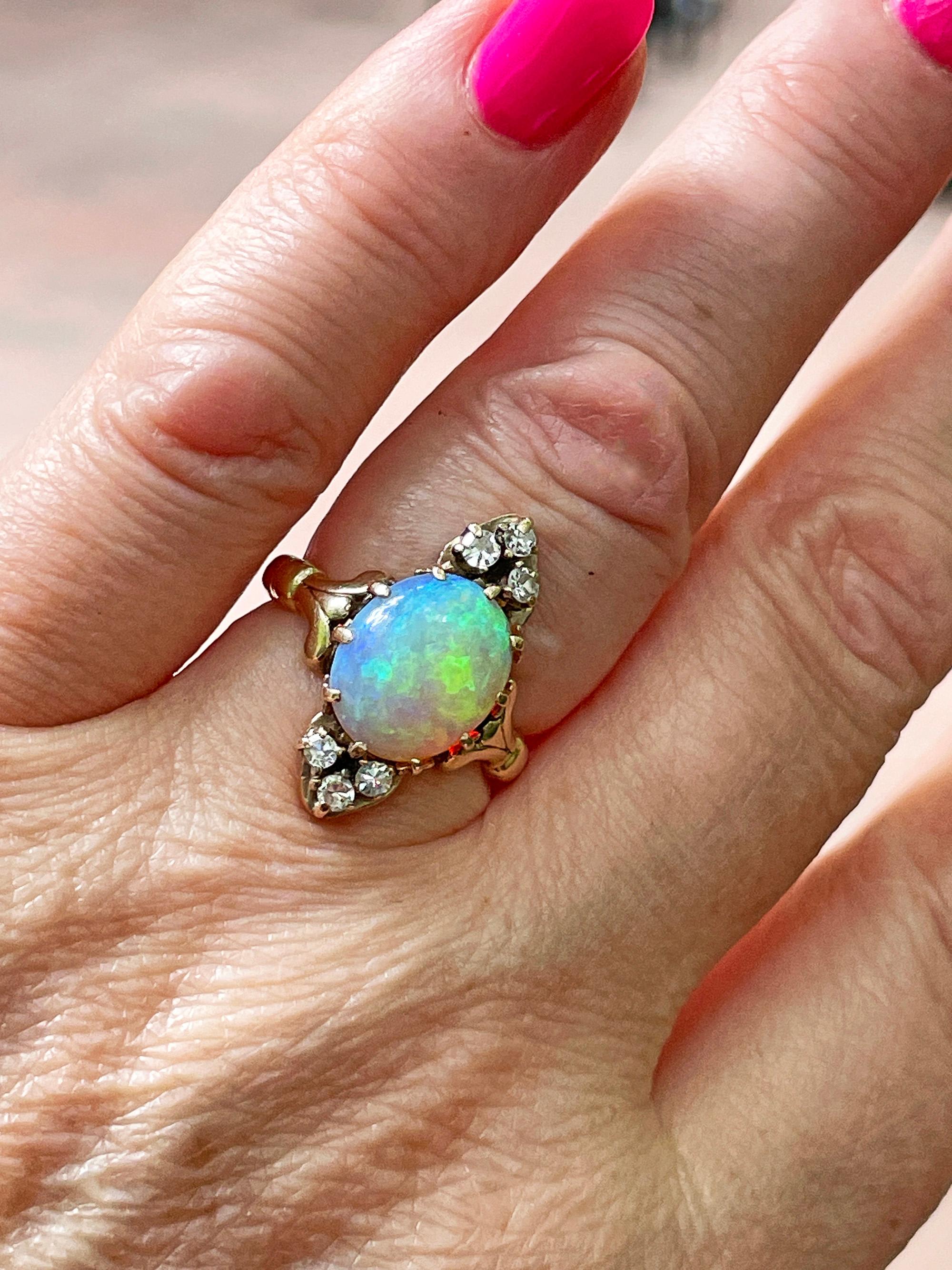 Victorian Antique 3.57ctw Opal Diamond 14K Yellow Gold Dinner Cocktail Ring For Sale 7
