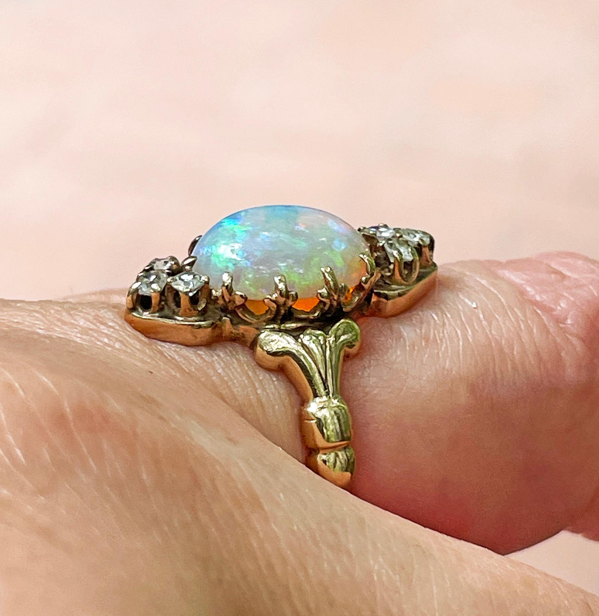 Victorian Antique 3.57ctw Opal Diamond 14K Yellow Gold Dinner Cocktail Ring For Sale 8