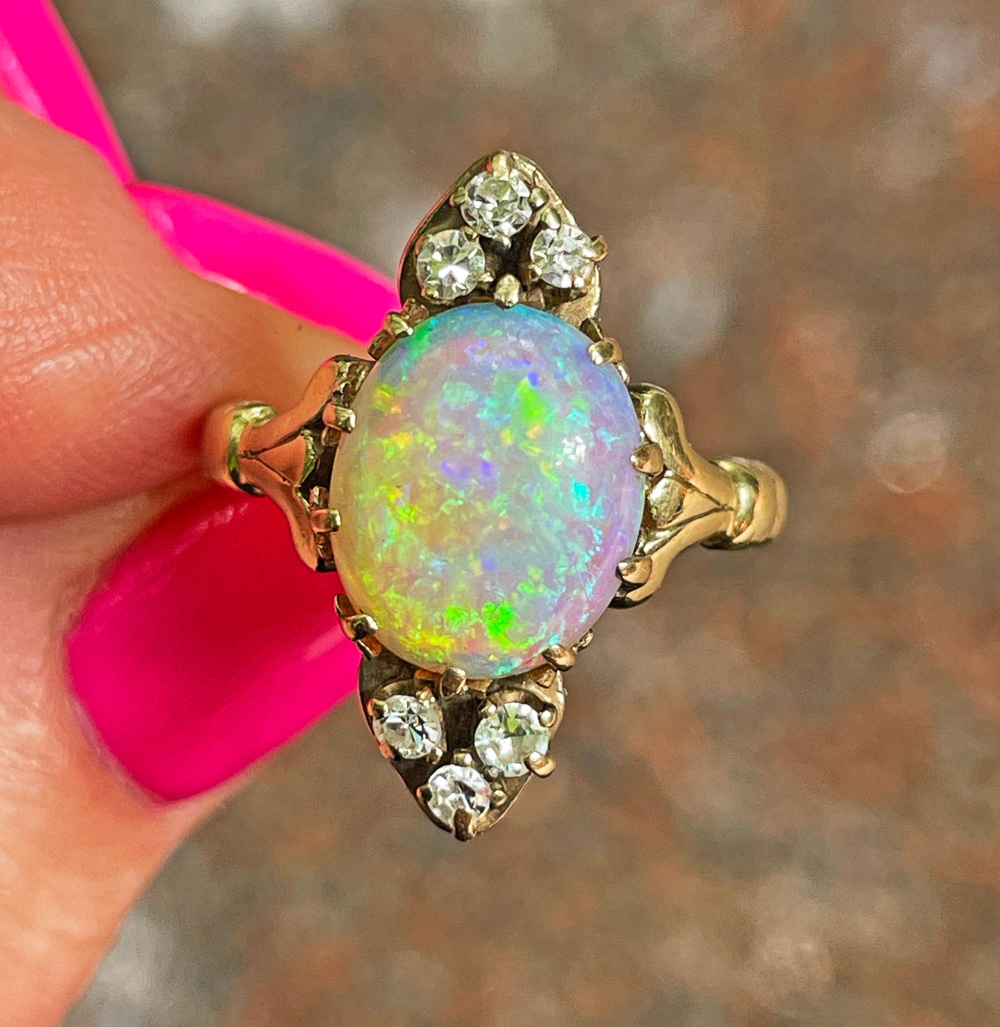 Victorian Antique 3.57ctw Opal Diamond 14K Yellow Gold Dinner Cocktail Ring For Sale 10