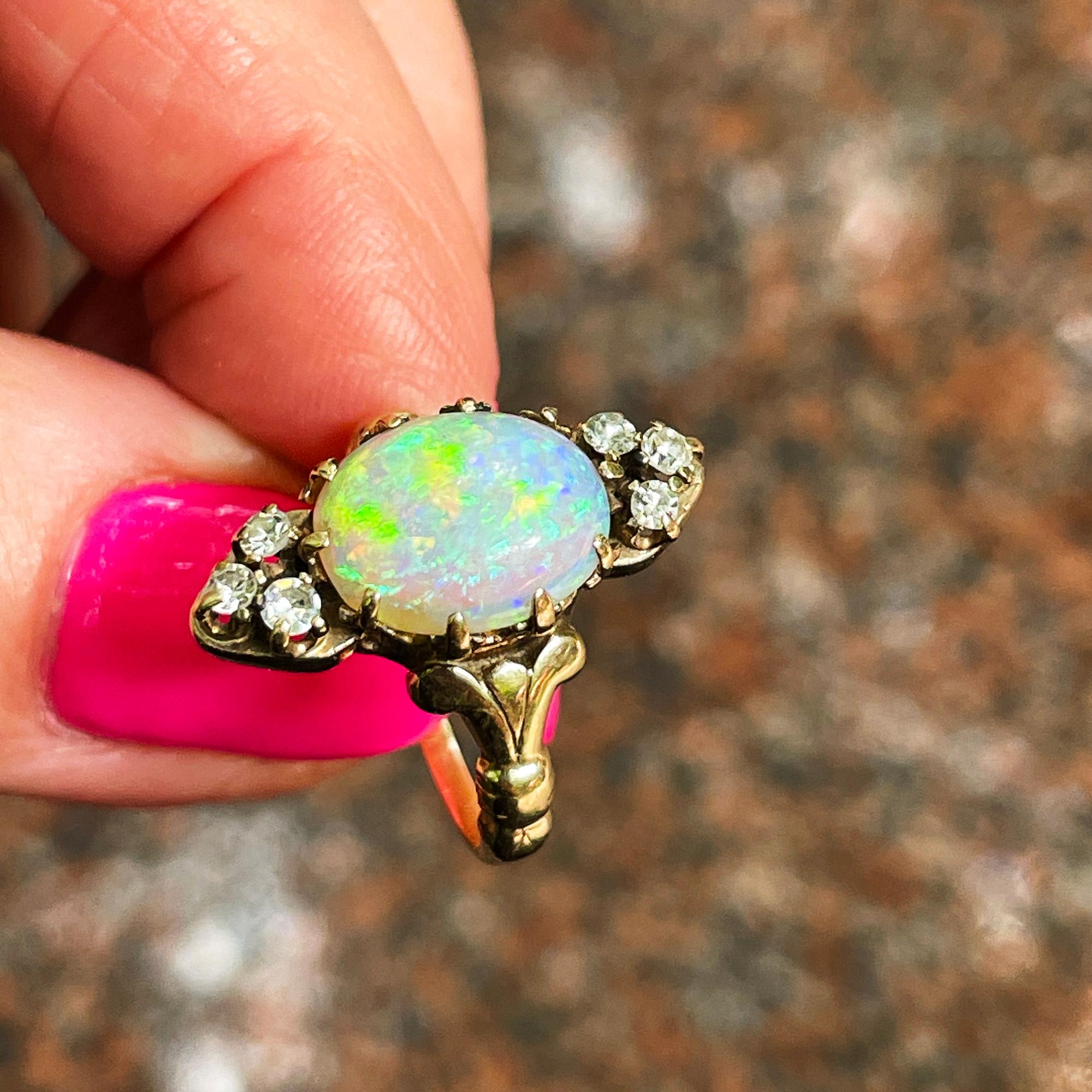 Victorian Antique 3.57ctw Opal Diamond 14K Yellow Gold Dinner Cocktail Ring For Sale 12