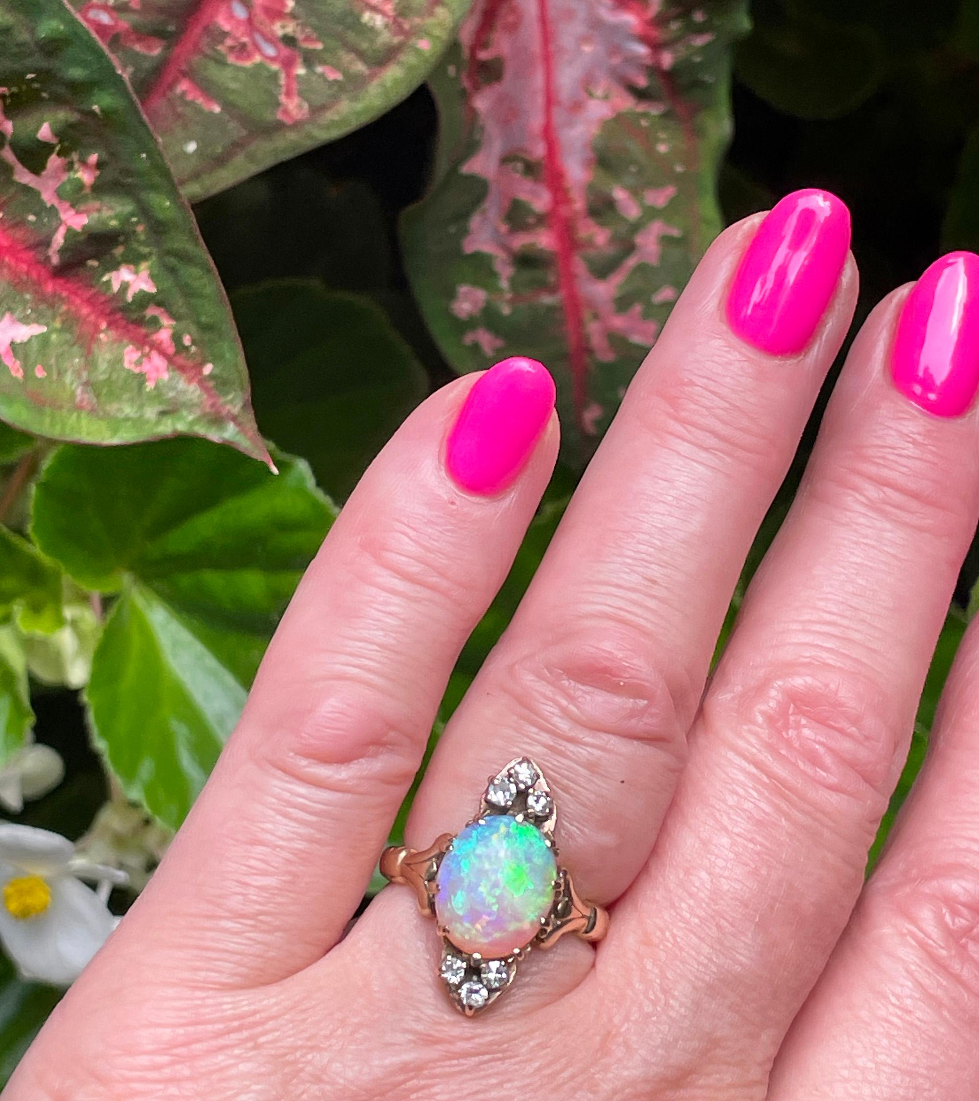 Victorian Antique 3.57ctw Opal Diamond 14K Yellow Gold Dinner Cocktail Ring For Sale 14
