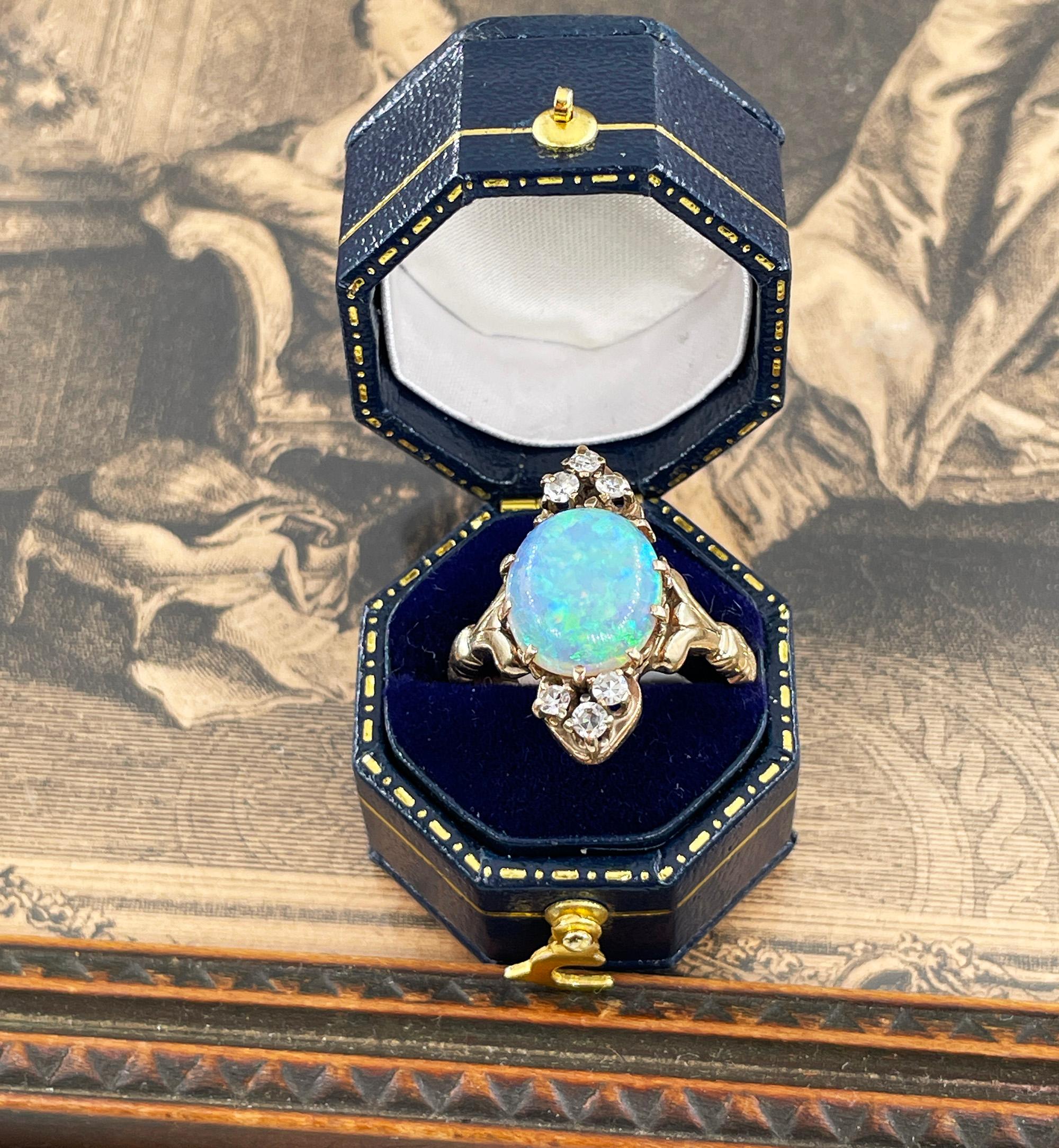 Victorian Antique 3.57ctw Opal Diamond 14K Yellow Gold Dinner Cocktail Ring For Sale 4