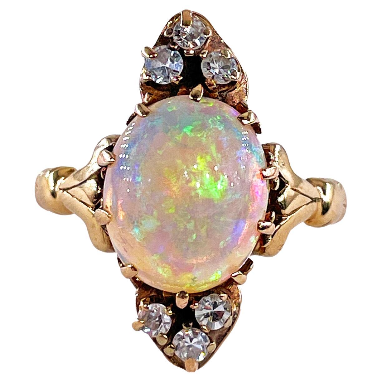 Victorian Antique 3.57ctw Opal Diamond 14K Yellow Gold Dinner Cocktail Ring
