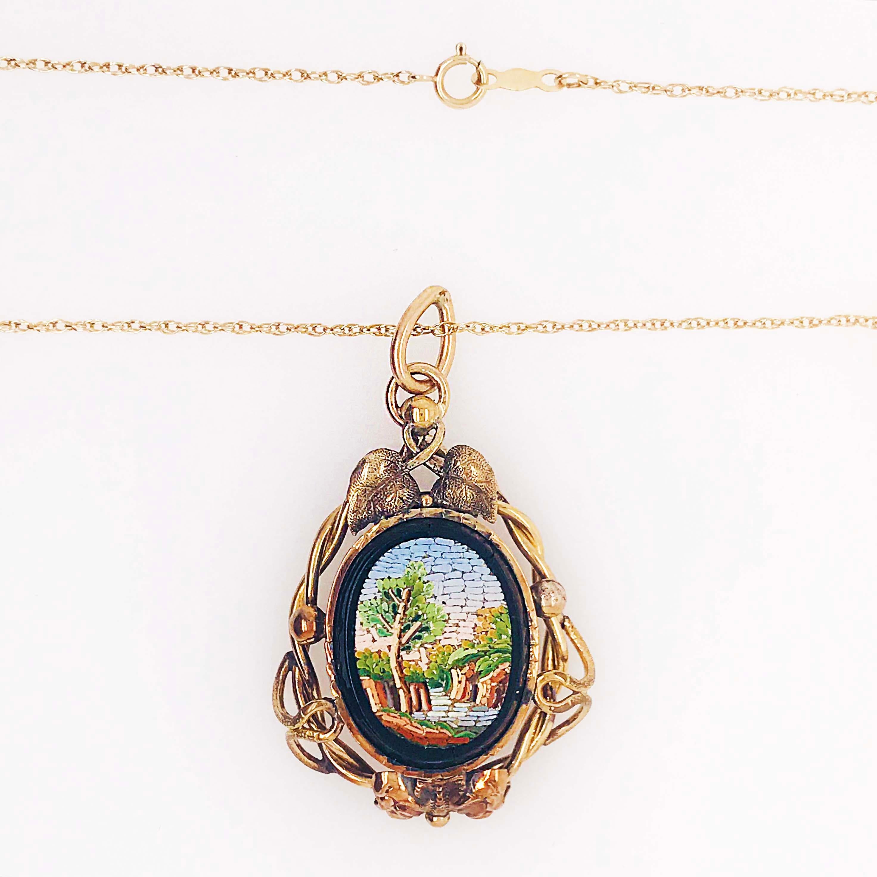 The antique micromosaic Italian pendant (or micro mosaic necklace) is a genuine CIRCA 1869 - Victorian era- antique fine jewelry piece. This 19th century pendant has an intricate micromosaic on the front. The imagery is fantastic. The work of art