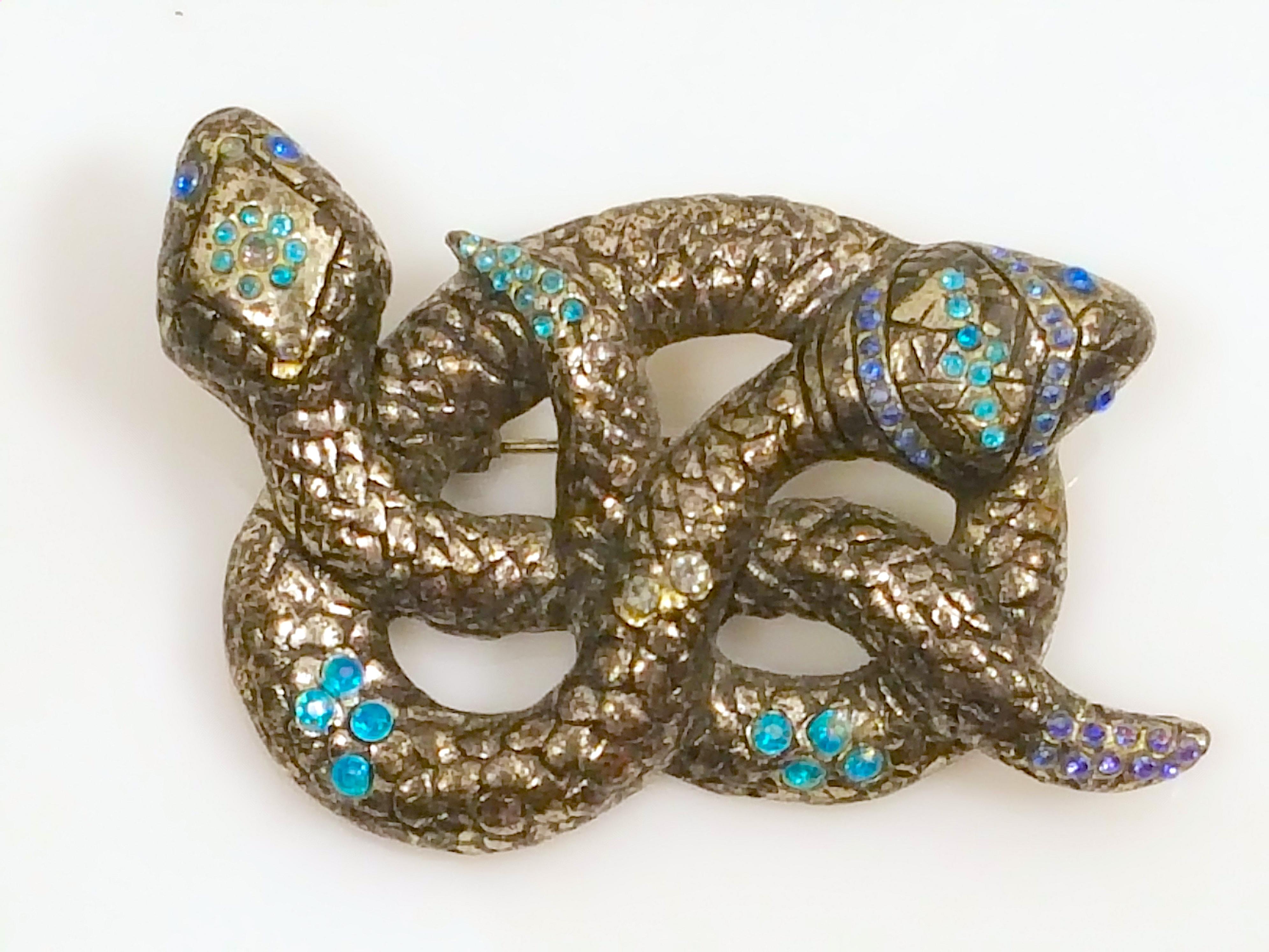 Antique ArtNouveau Austria Scheid RareMark Pave BlueZircon Silver Snakes Brooch For Sale 2