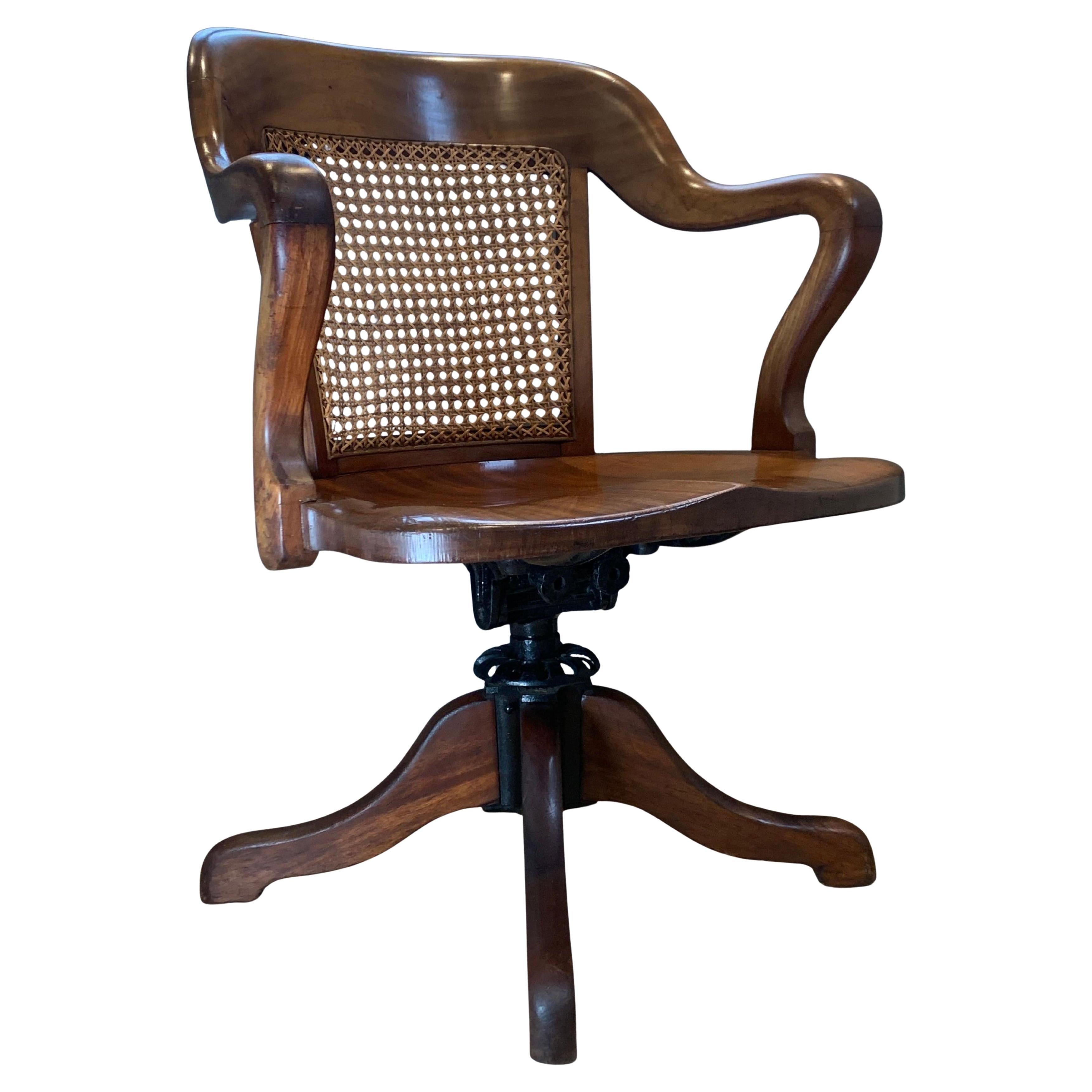 Victorian Antique Bergere Mahogany Desk Chair With Open Arms And Saddle Seat