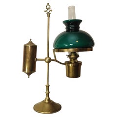 Lampada a gas per studenti regolabile in ottone antico di epoca vittoriana con paralume verde corsa