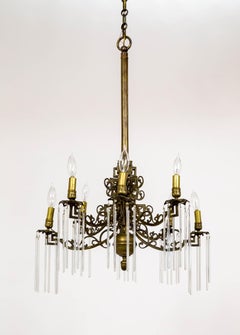 Victorian Antique Brass C-Curve Chandelier w/ Crystal Rods
