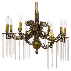 Victorian Antique Brass C-Curve Chandelier w/ Crystal Rods