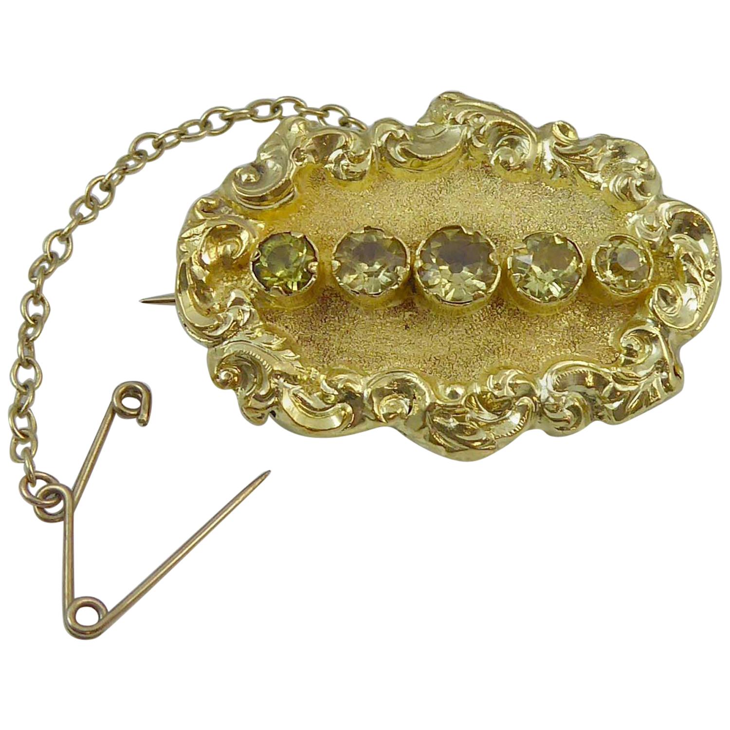 Victorian Antique Brooch, Yellow Gold and Peridot, circa 1880s