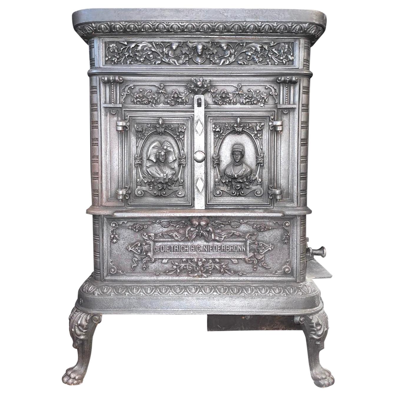 Victorian Antique Cast Iron Wood Burning Stove by De Dietrich & Niederbronn