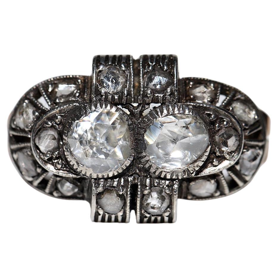 Victorian Antique Circa 1900s 14k Gold Top Silver Natural Rose Cut Diamond Ring 