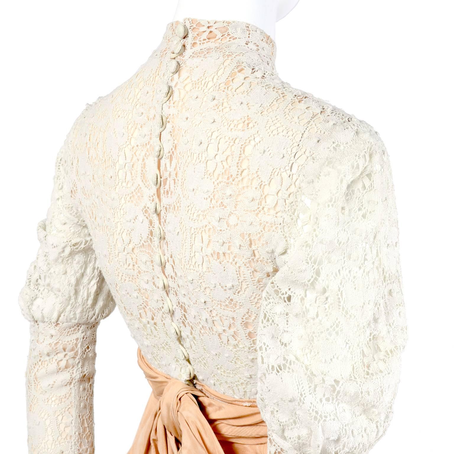 Beige Victorian Antique Crochet Lace Vintage Dress w/ High Collar Wedding Gown Size 2 For Sale