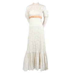 Victorian Antique Crochet Lace Vintage Dress w/ High Collar Wedding Gown Size 2