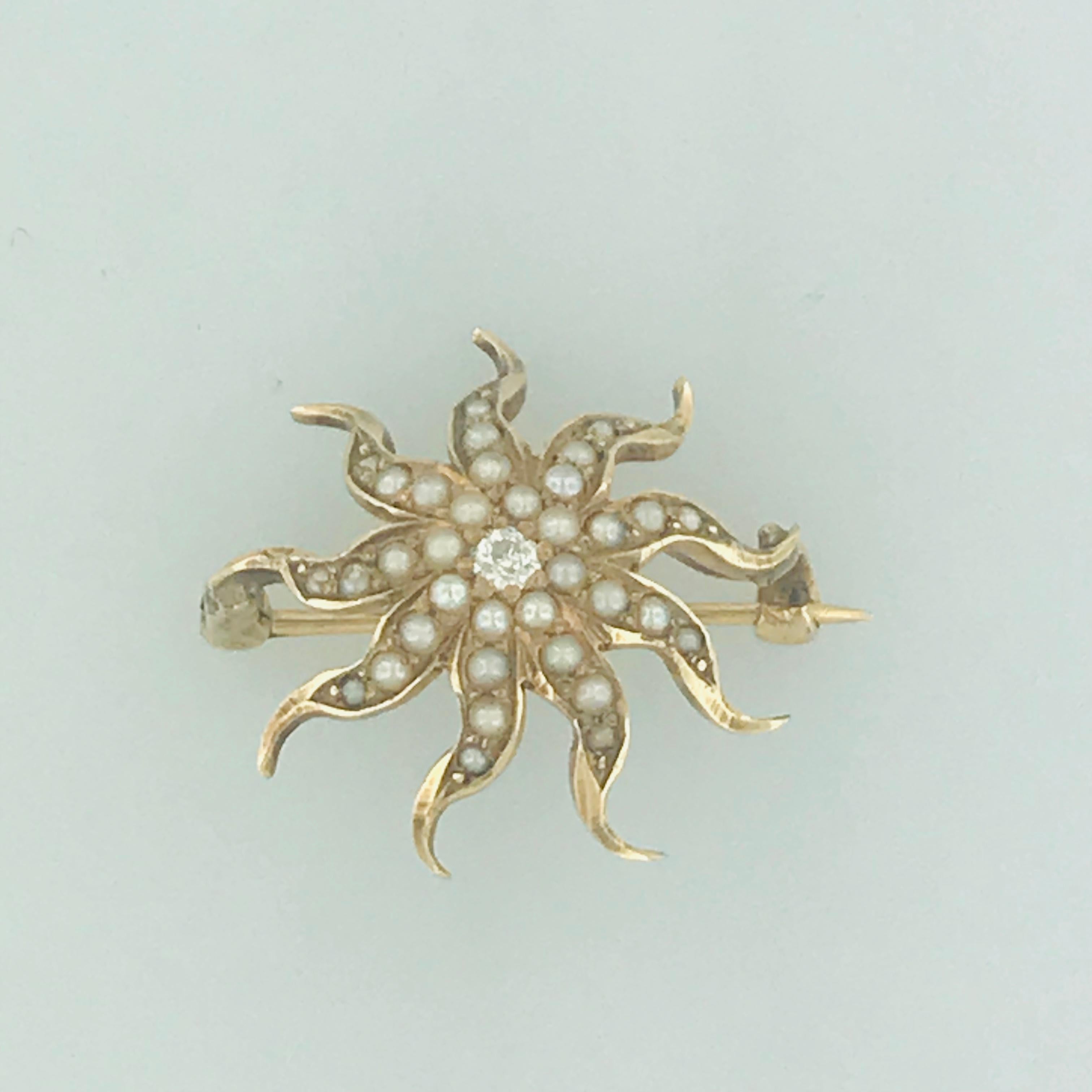 Round Cut Authentic Victorian Antique Cultured Seed Pearl Starburst Brooch/Pin