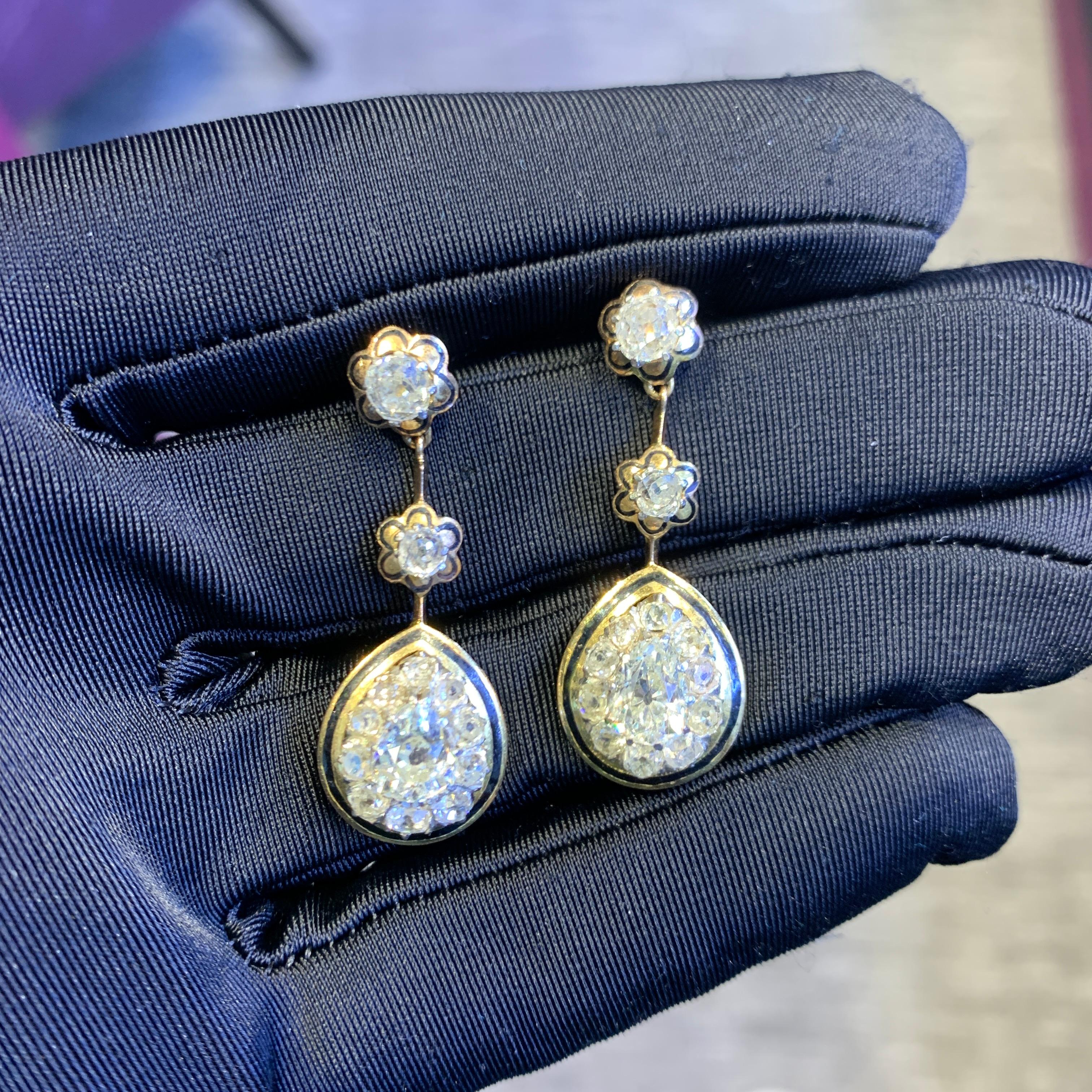 Victorian Antique Cut Diamond & Enamel Earrings In Excellent Condition For Sale In New York, NY