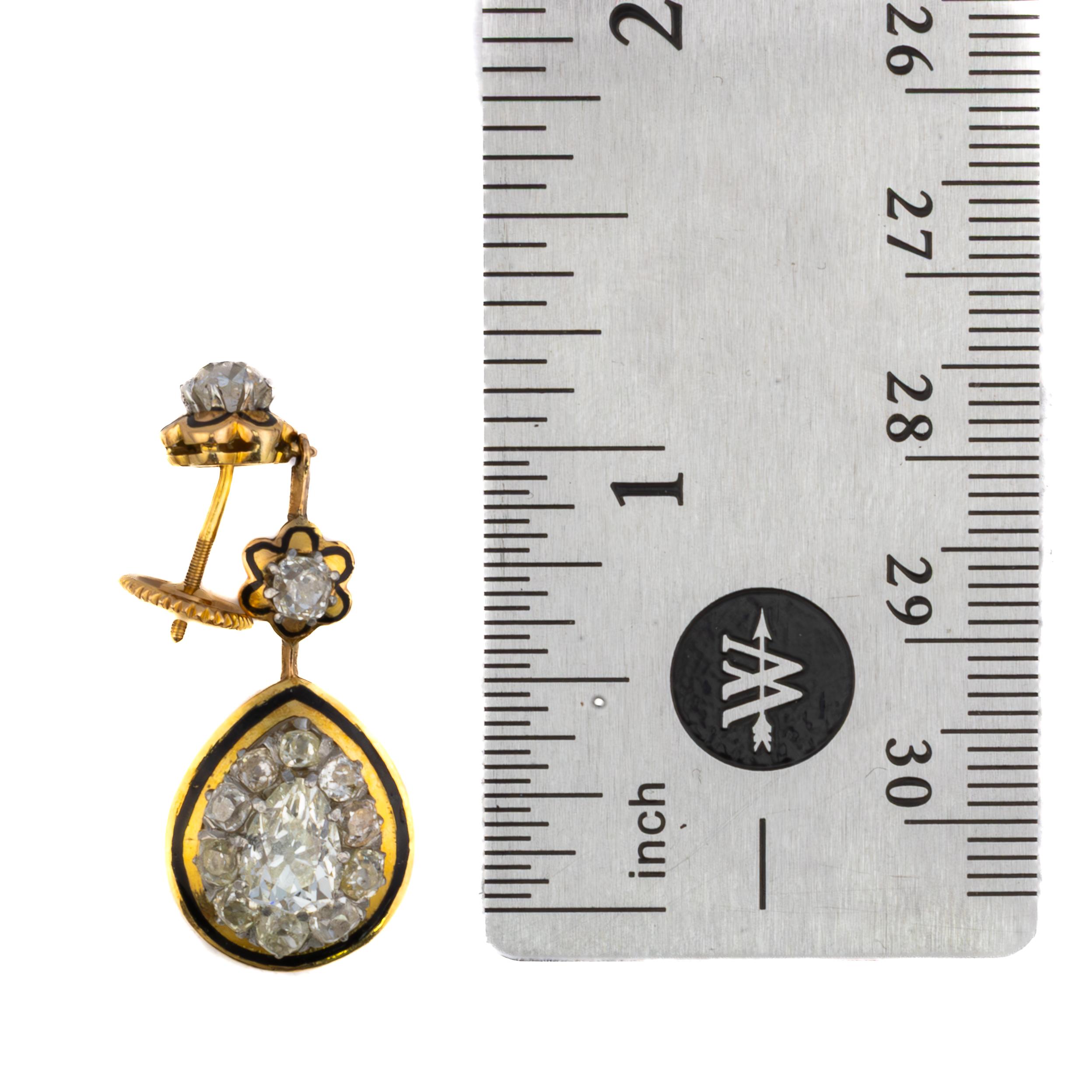 Victorian Antique Cut Diamond & Enamel Earrings In Excellent Condition For Sale In New York, NY