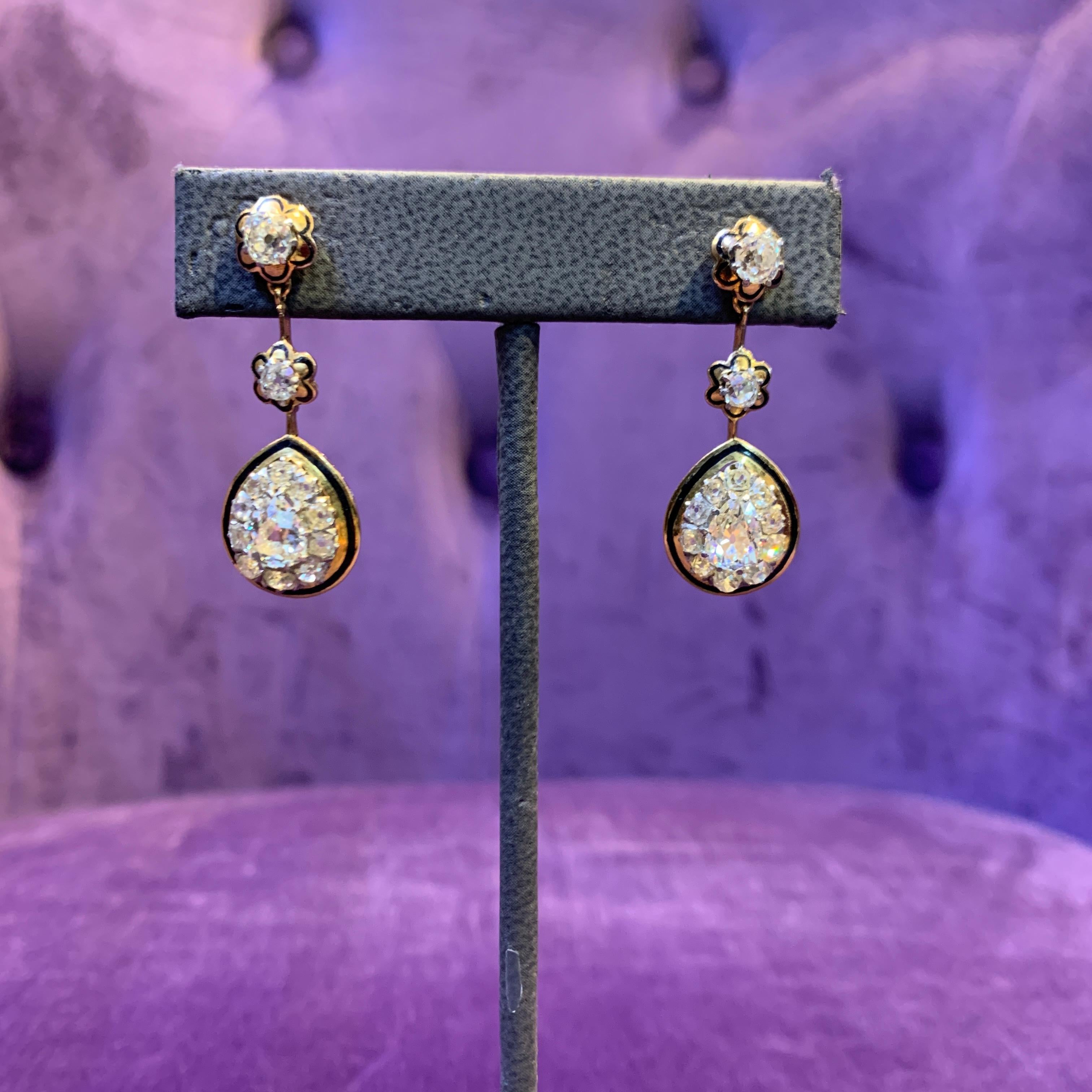 Women's Victorian Antique Cut Diamond & Enamel Earrings For Sale