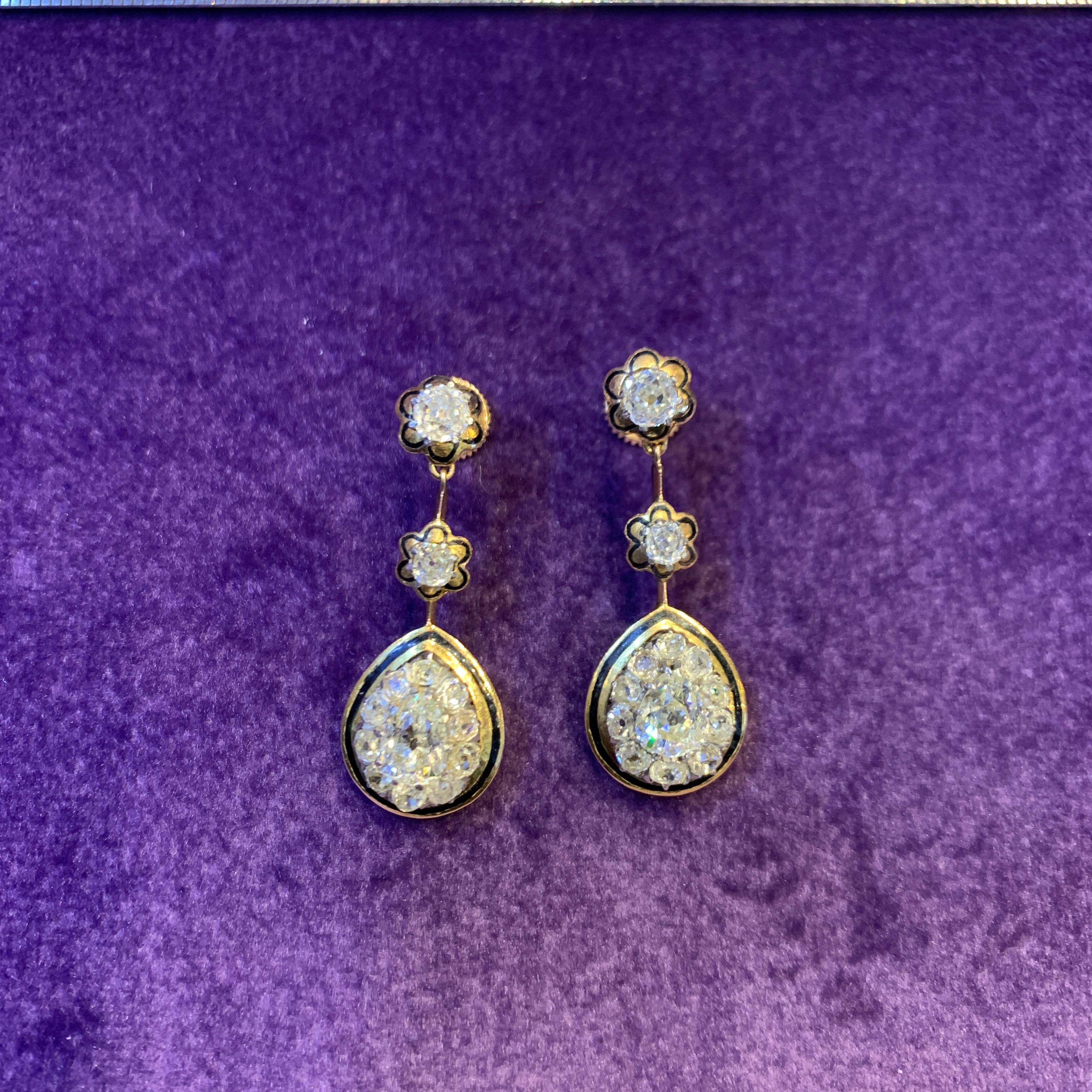 Victorian Antique Cut Diamond & Enamel Earrings For Sale 2