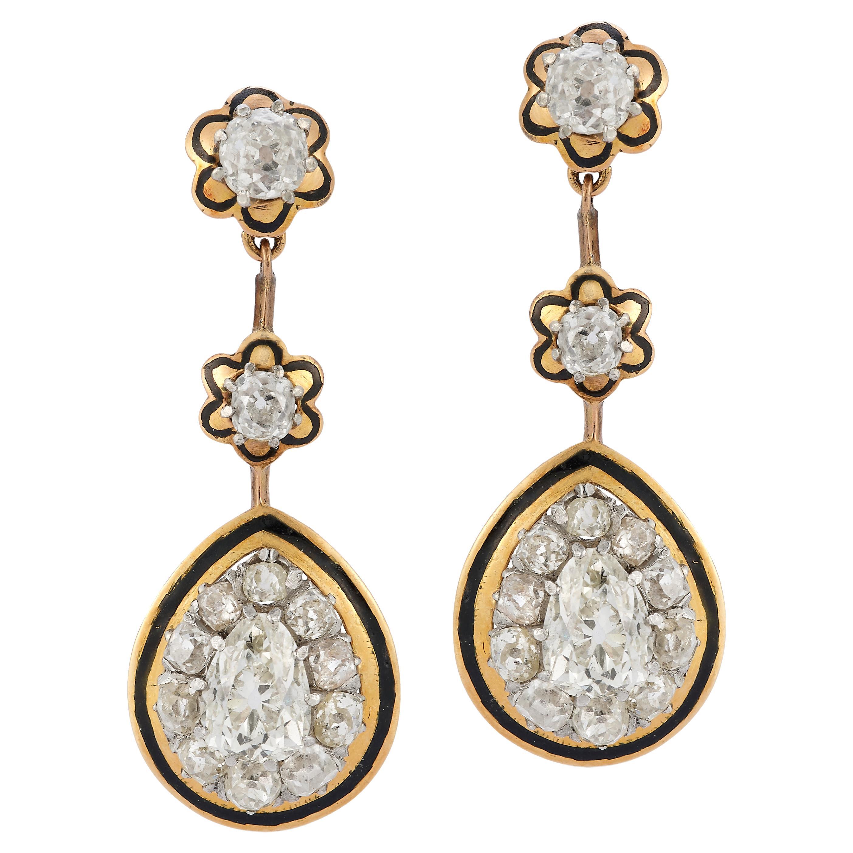 Victorian Antique Cut Diamond & Enamel Earrings