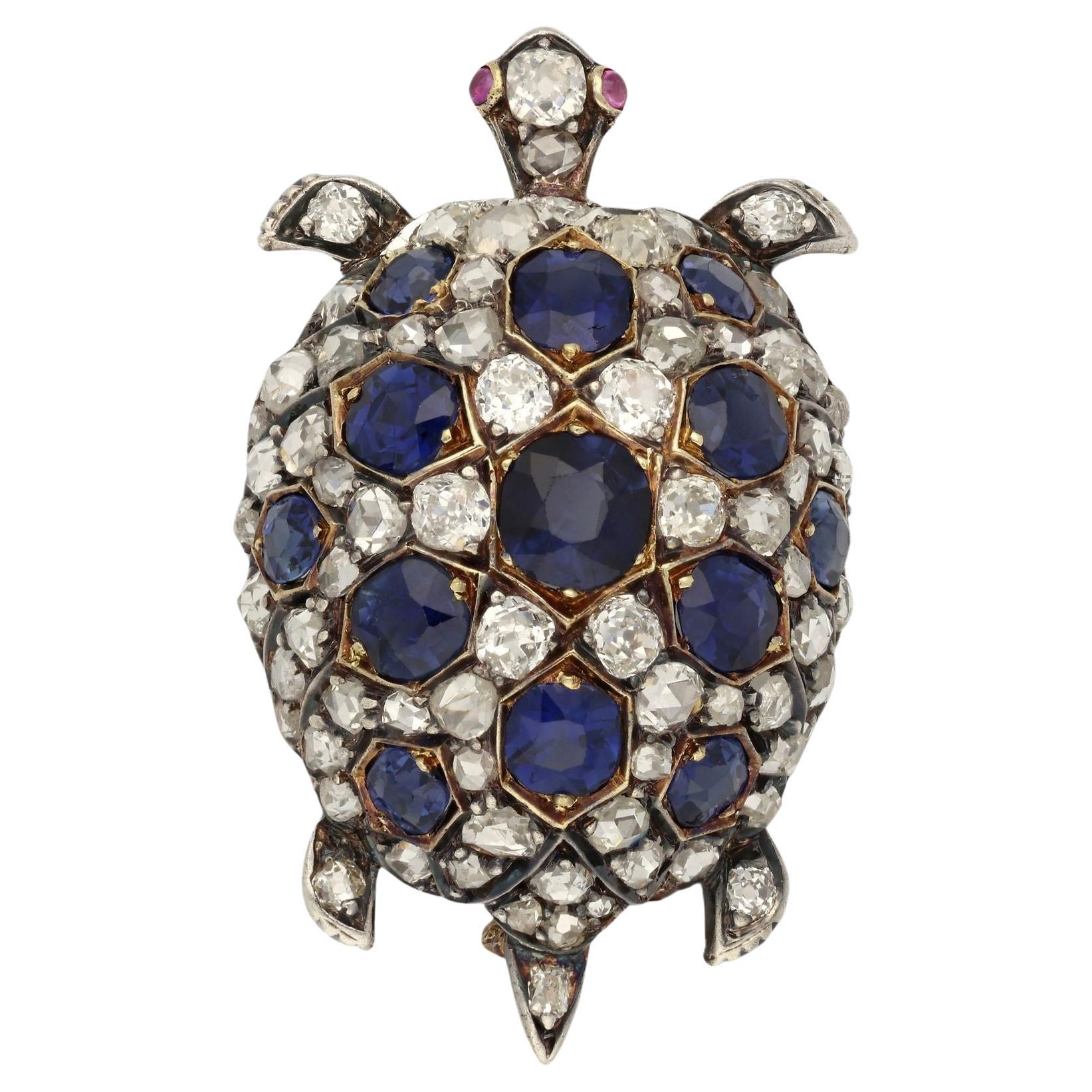 Victorian Antique Diamond And Sapphire Tortoise Brooch Circa 1870