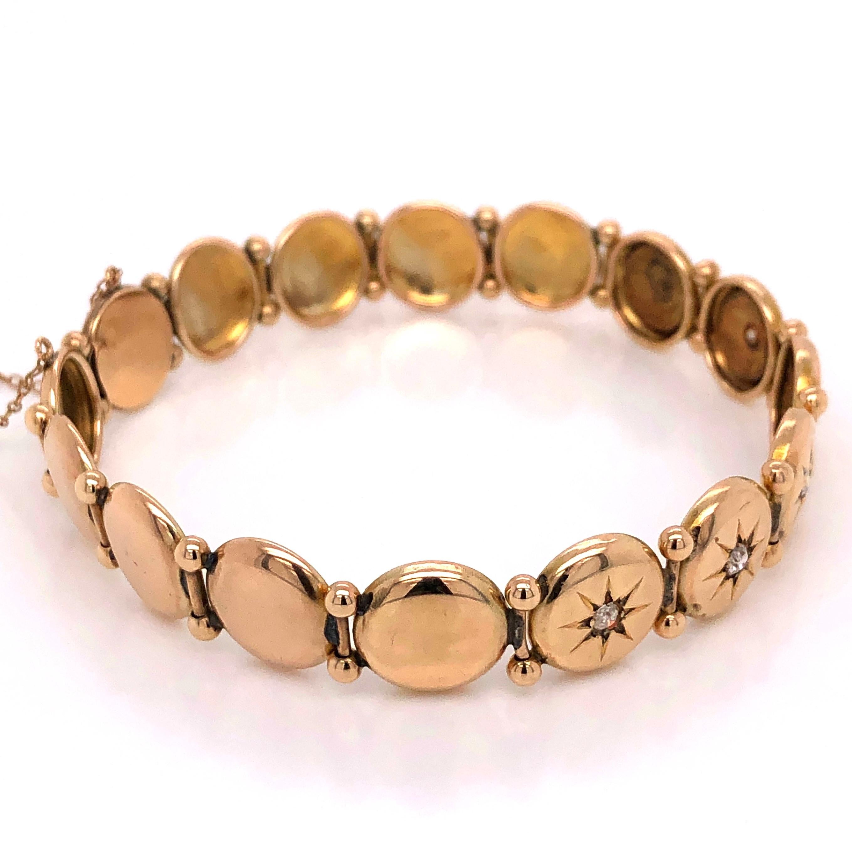 Simply Beautiful Victorian Antique Gold Link Bracelet, center of each station securely Hand set with a Diamond. approx. 0.27tcw. Bracelet measures approx. 7.25” Long. Hand crafted in 12K Yellow Gold. Illuminate your look with Timeless Beauty with