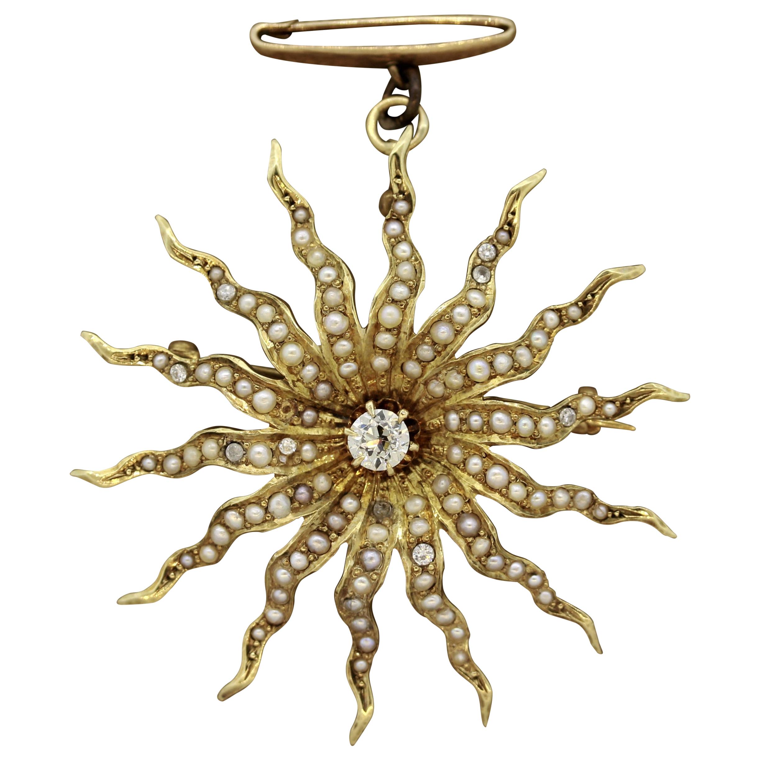 Victorian Antique Diamond Seed-Pearl Gold Sunburst Brooch
