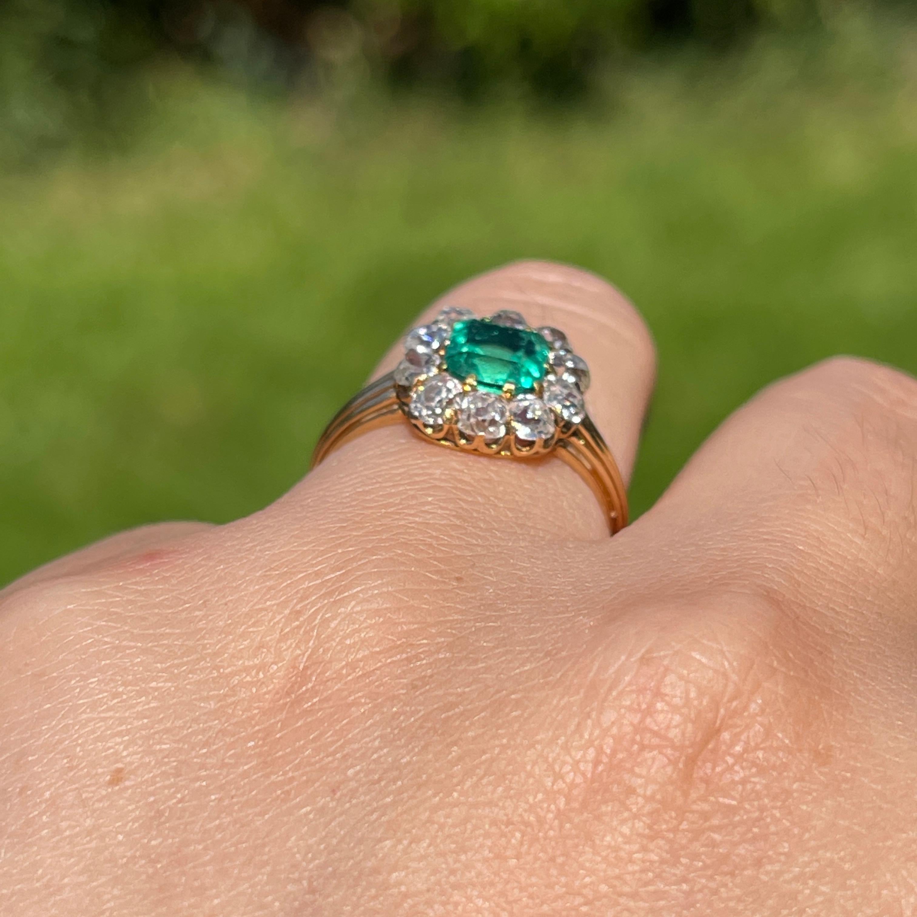 Victorian Antique Emerald Diamond Cluster Engagement Ring 4