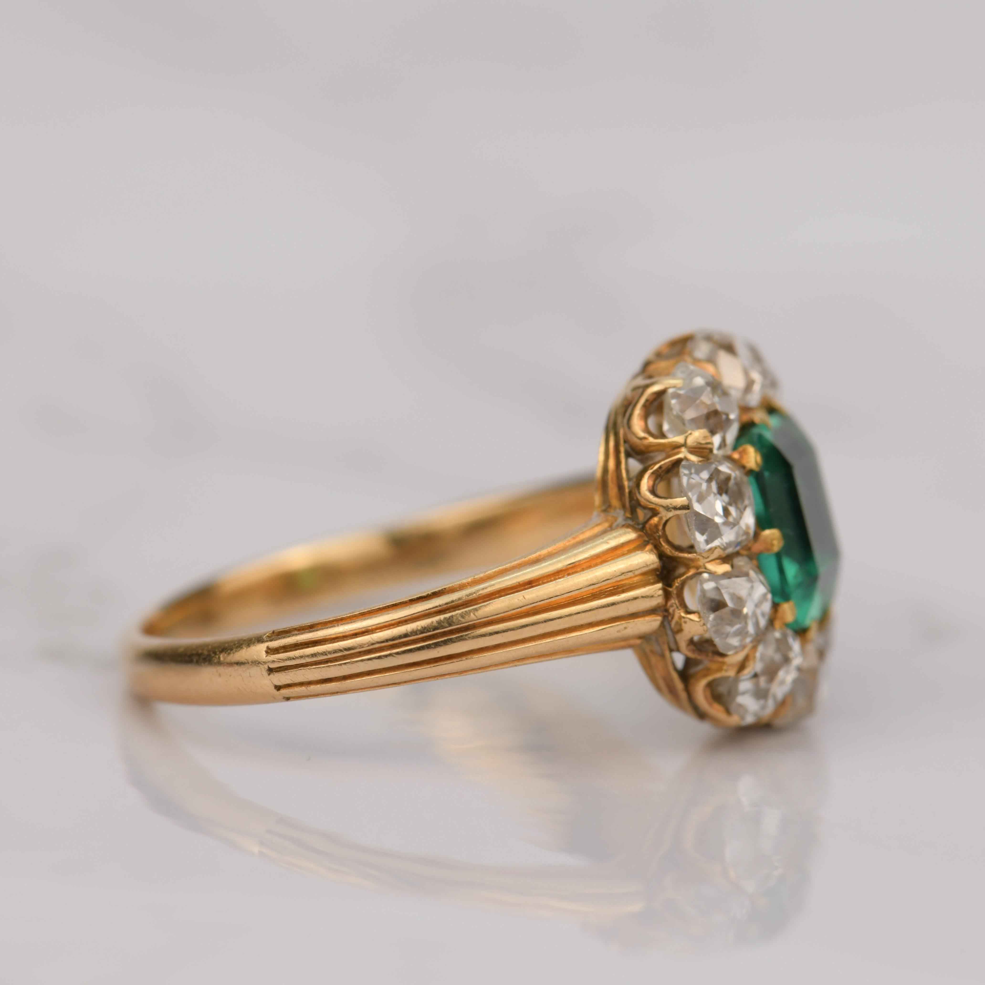 Women's or Men's Victorian Antique Emerald Diamond Cluster Engagement Ring