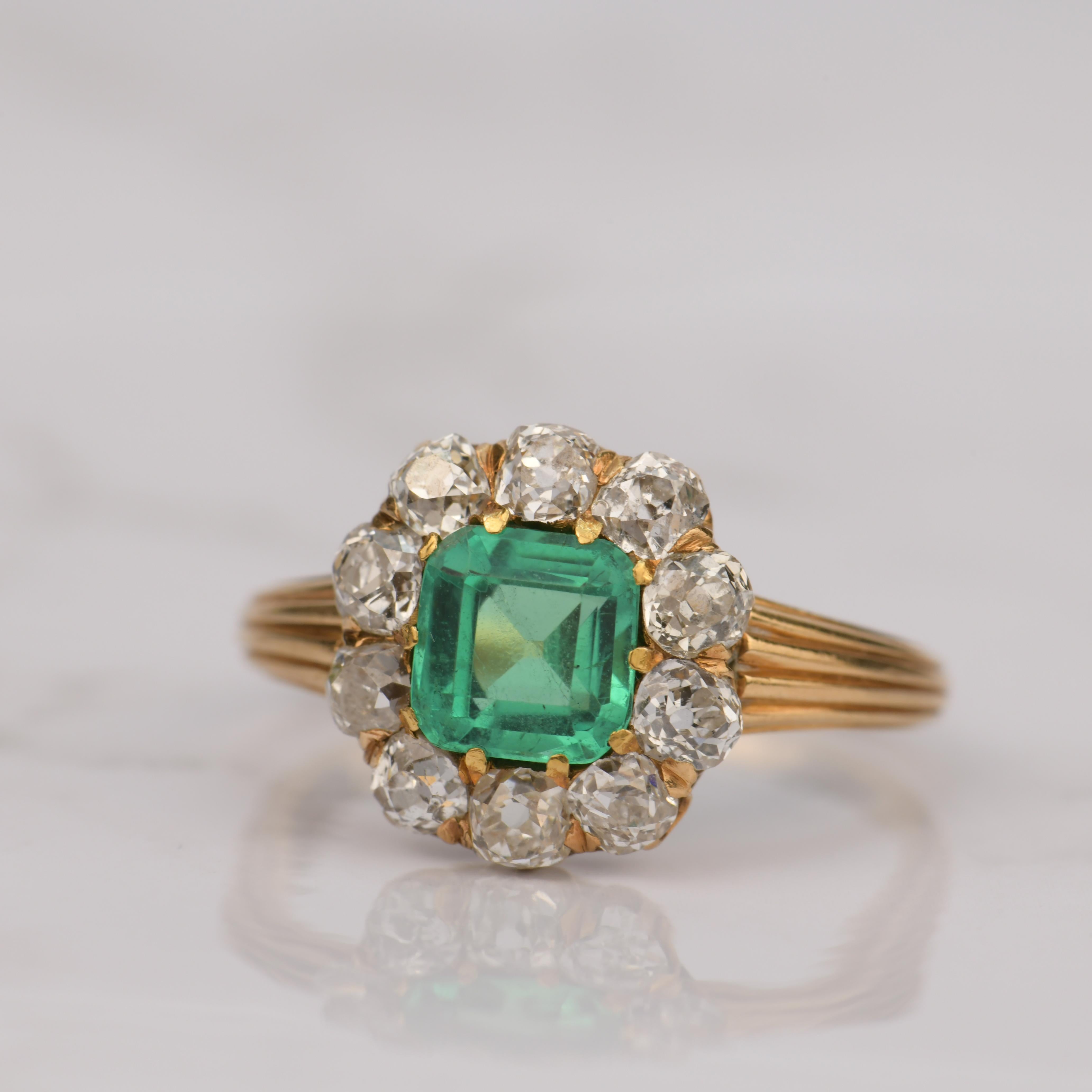 Victorian Antique Emerald Diamond Cluster Engagement Ring 1